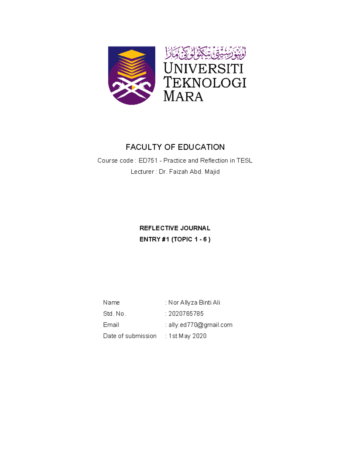 Reflective Journal Faculty Of Education Course Code Ed751 Reflective Journal Faculty Of Education Course Code Ed751