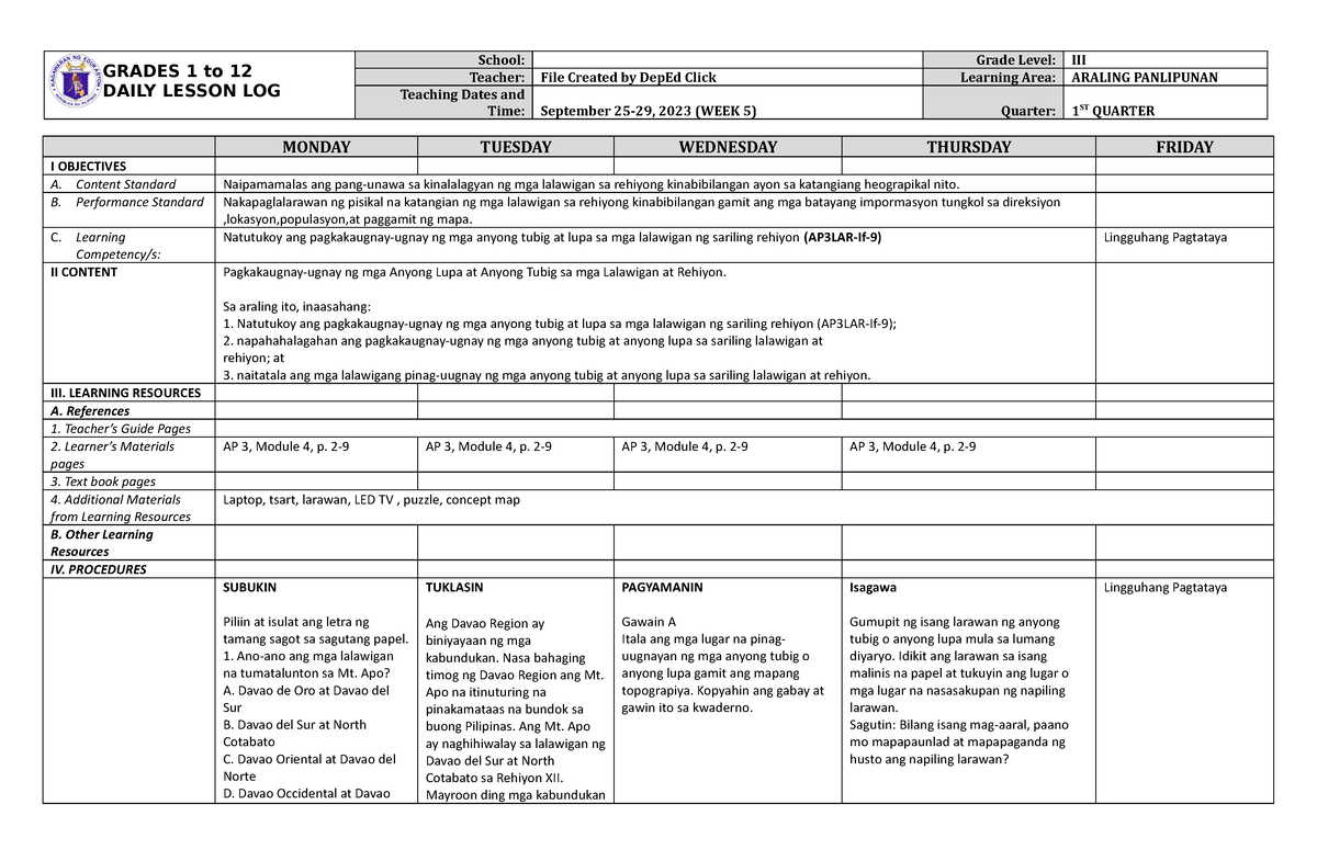 Dll Araling Panlipunan 3 Q1 W5 Grades 1 To 12 Daily Lesson Log School Grade Level Iii 1473