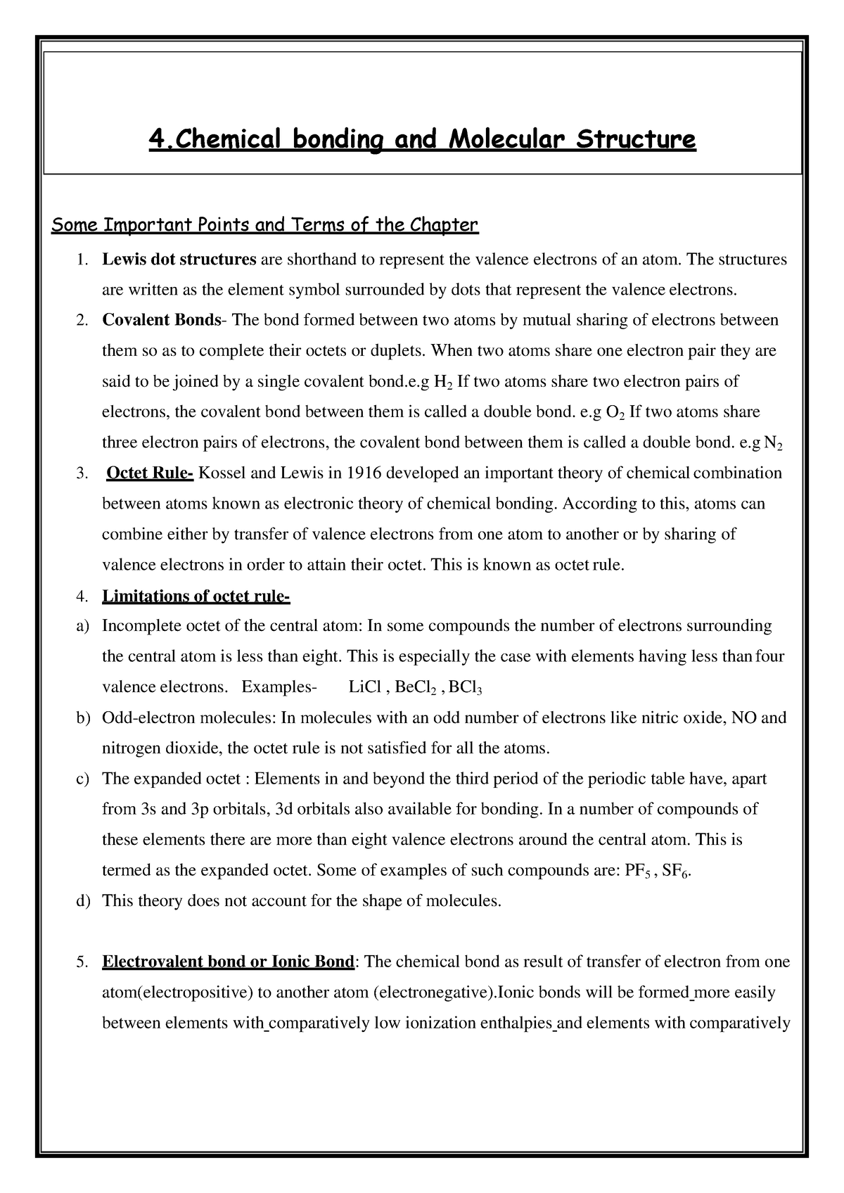 Chapter -4 Chemical Bonding And Molecular Structure - Some Important ...