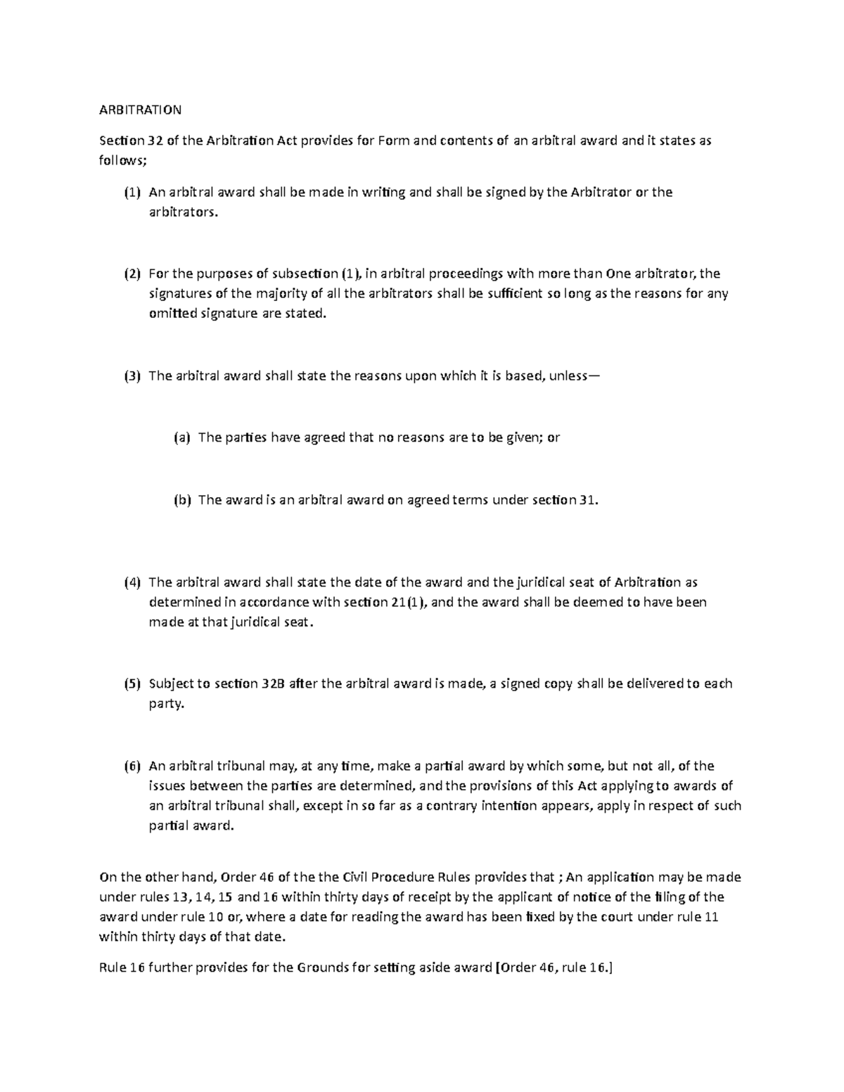 Document Legal frame work ARBITRATION Section 32 of the Arbitration