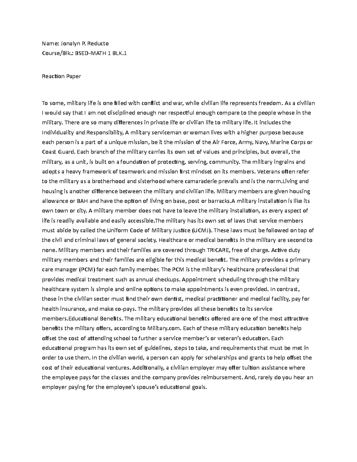 Essay in Education - Name: Jonalyn P. Reducto Course/Blk.: BSED-MATH 1 ...