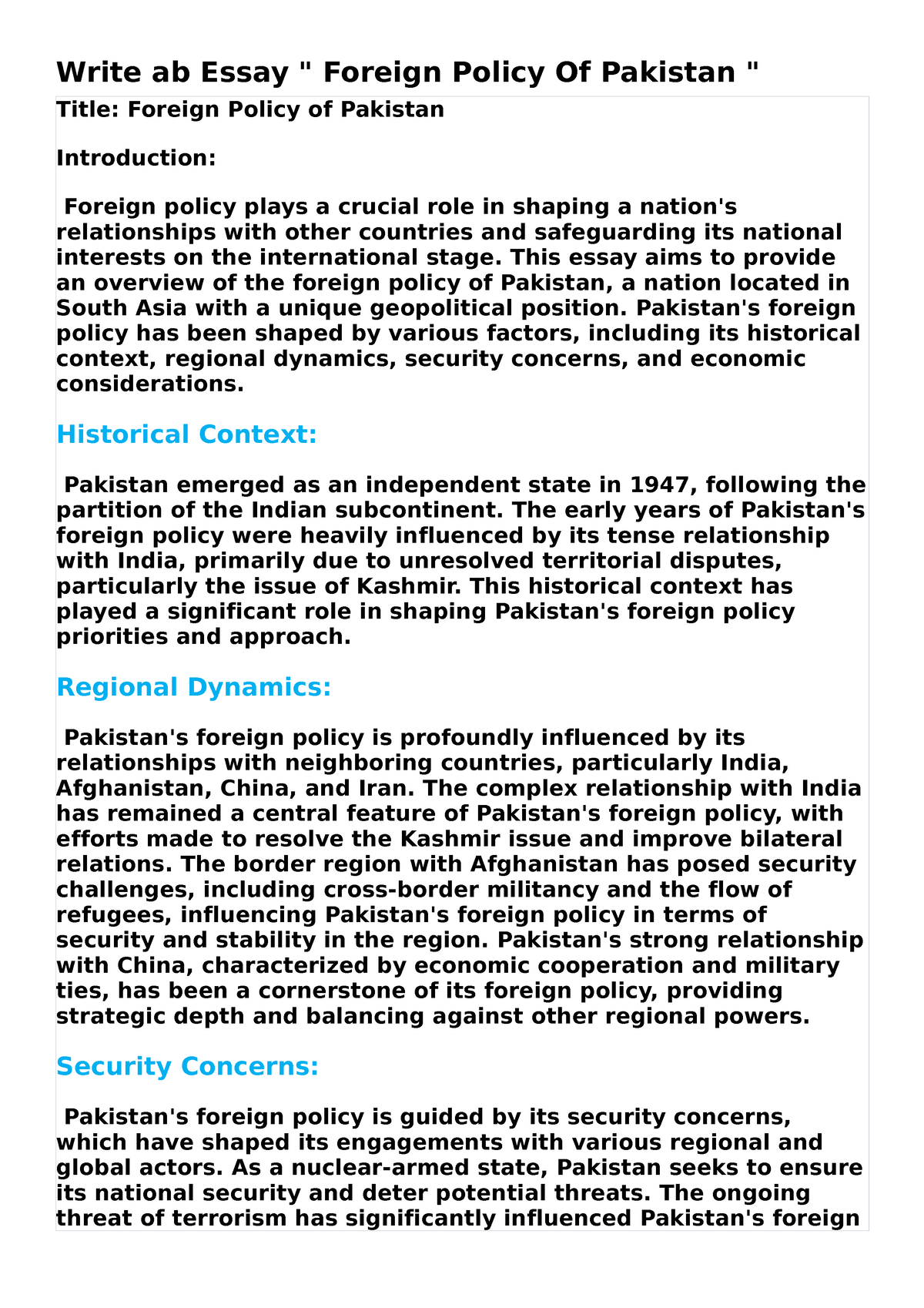 foreign policy of pakistan essay with outline