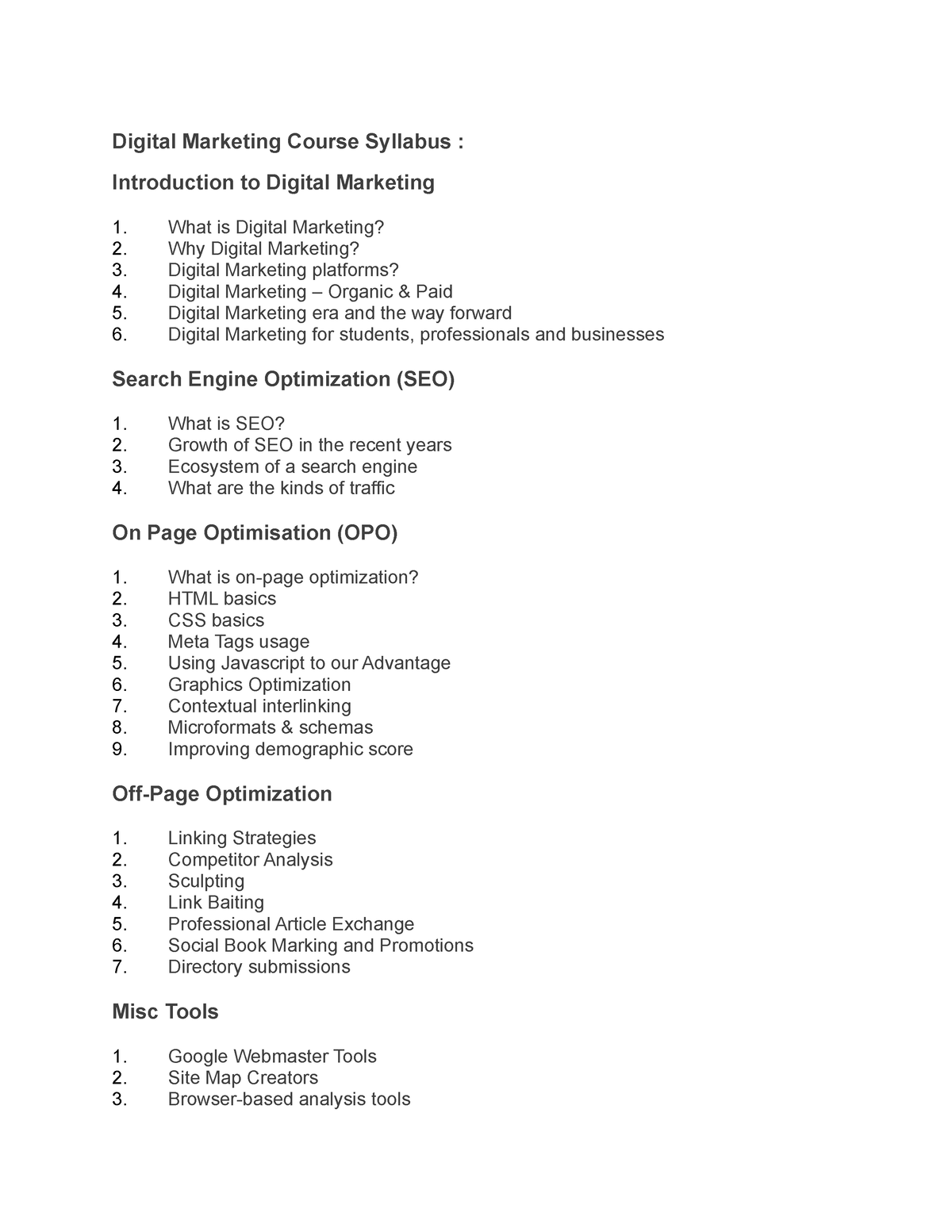 Digital Marketing Course Syllabus SEM Search Engine Marketing 