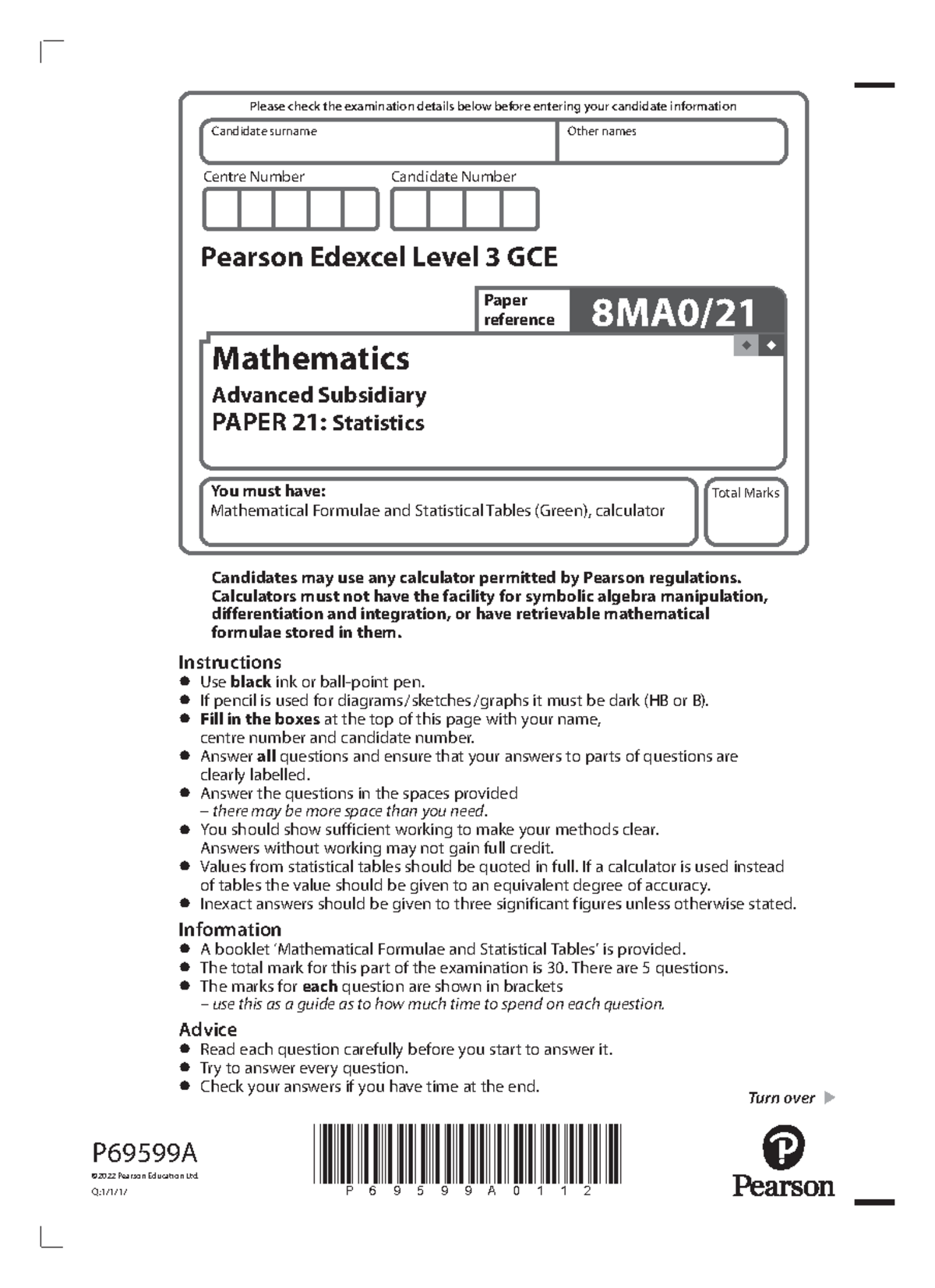 As level statistics 2022 - Centre Number Candidate Number P69599A0112 ...