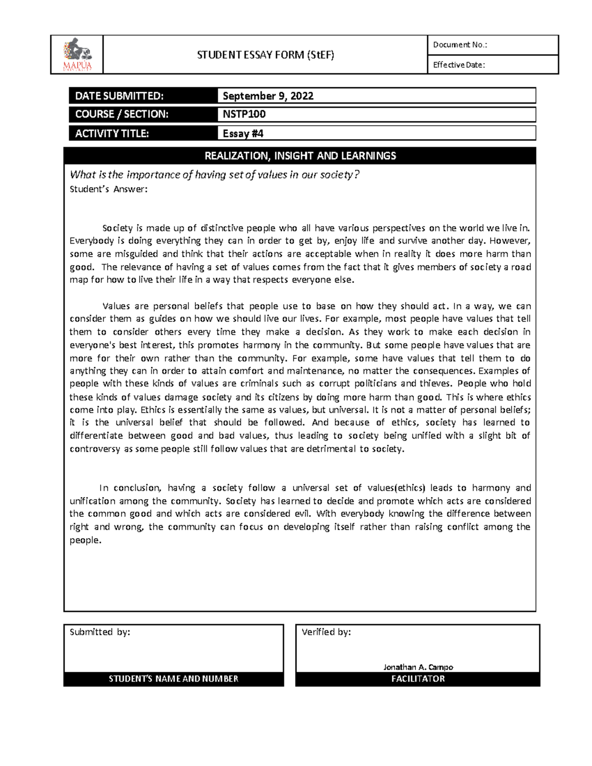 NSTP1 00 A6 Essay#4 - STUDENT ESSAY FORM (StEF) Document No.: Effective ...