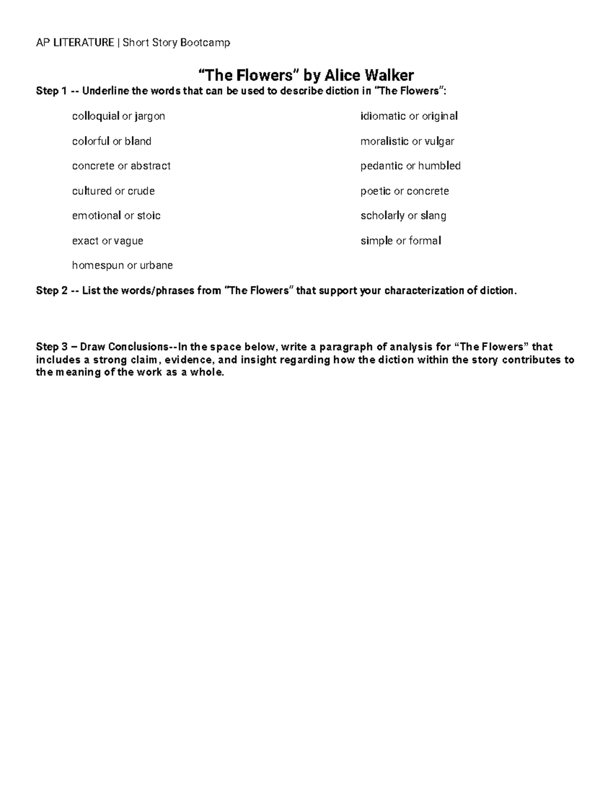 "Flowers" Analysis Paragraph AP LITERATURE Short Story Bootcamp “The Flowers” by Alice