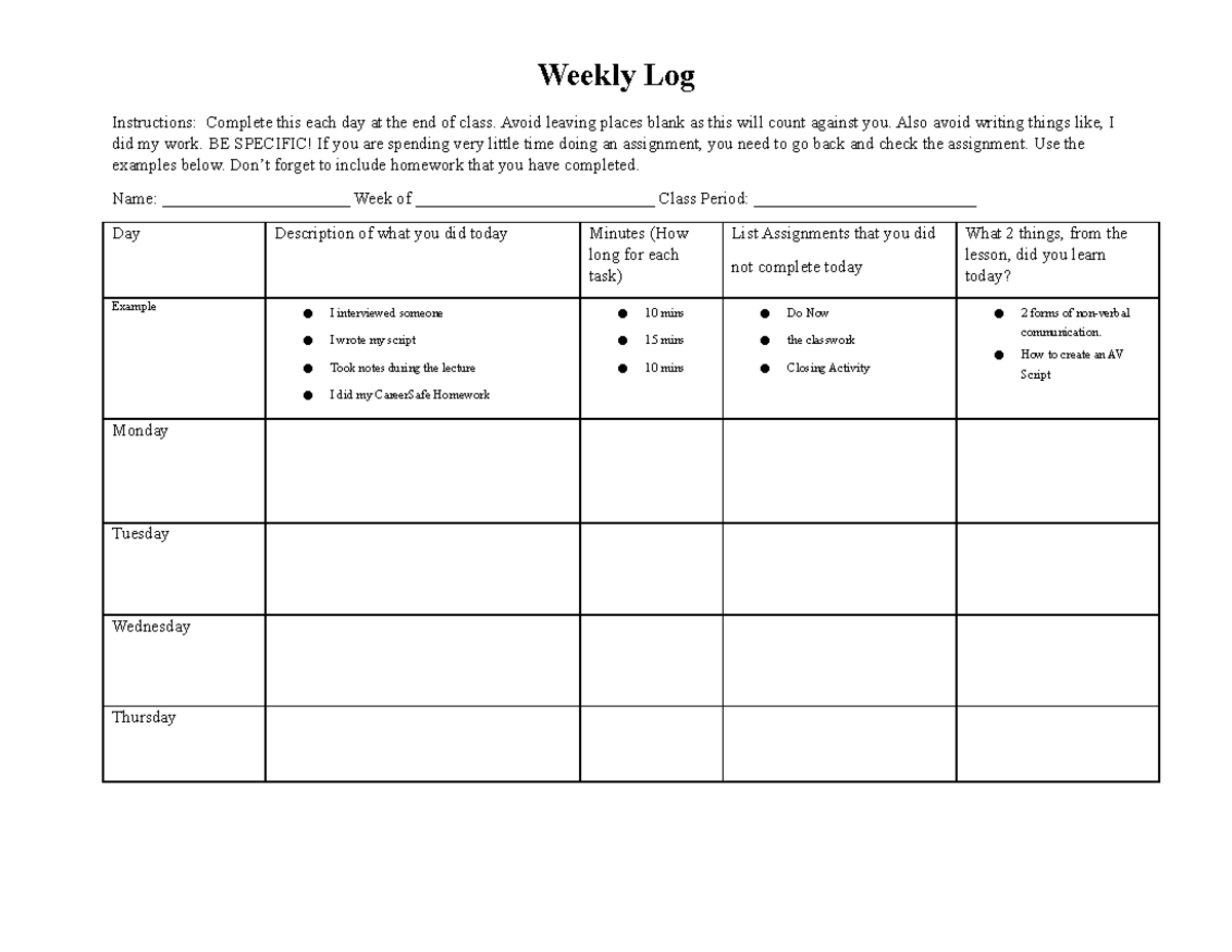 Weekly Log - hi im kam and i would like to use this website - Weekly ...