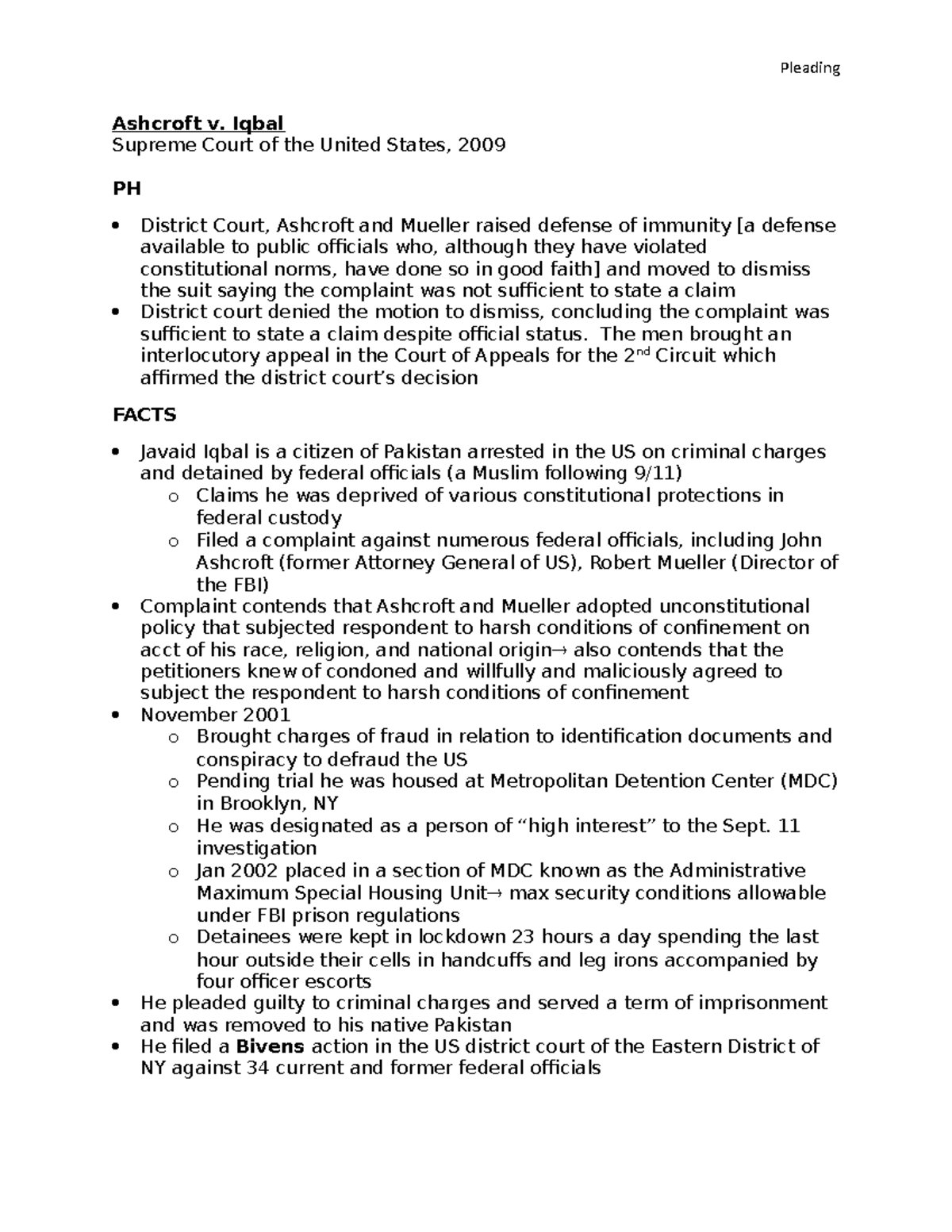 Ashcroft V - Case Brief Civ Pro I 2019 - Pleading Ashcroft V. Iqbal ...