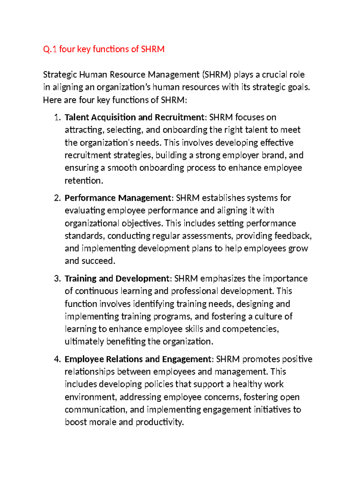 SHRM - SHRM - Q four key functions of SHRM Strategic Human Resource ...