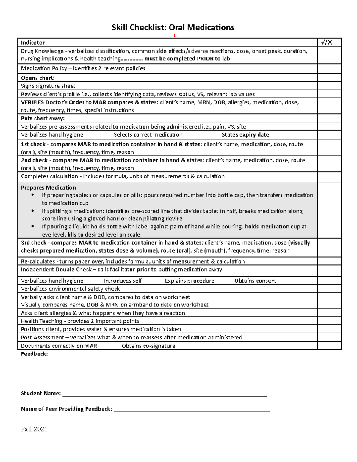 Week 1 Skills Checklist Oral Meds (002) - Skill Checklist: Oral ...