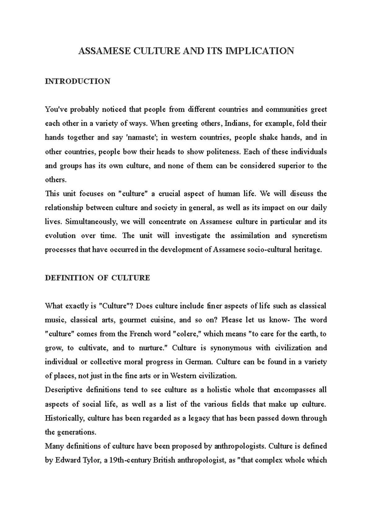 Assamese Culture AND ITS Implication ASSAMESE CULTURE AND ITS