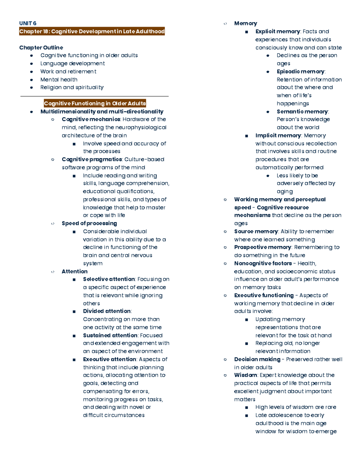 Devpsych LA C - LATE ADULTHOOD - UNIT 6 Chapter 18: Cognitive ...