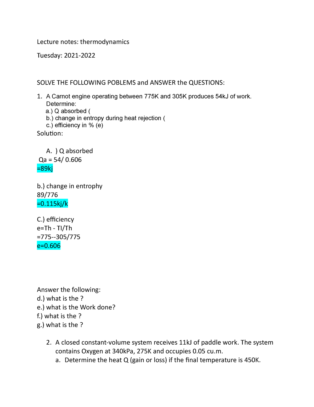 Lecture Notes IN Thermodynamics - Lecture Notes: Thermodynamics Tuesday ...