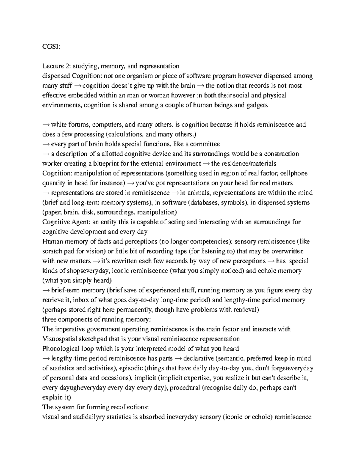 CGSC 1001 Course Notes CGSI Lecture 2 Studying Memory And 