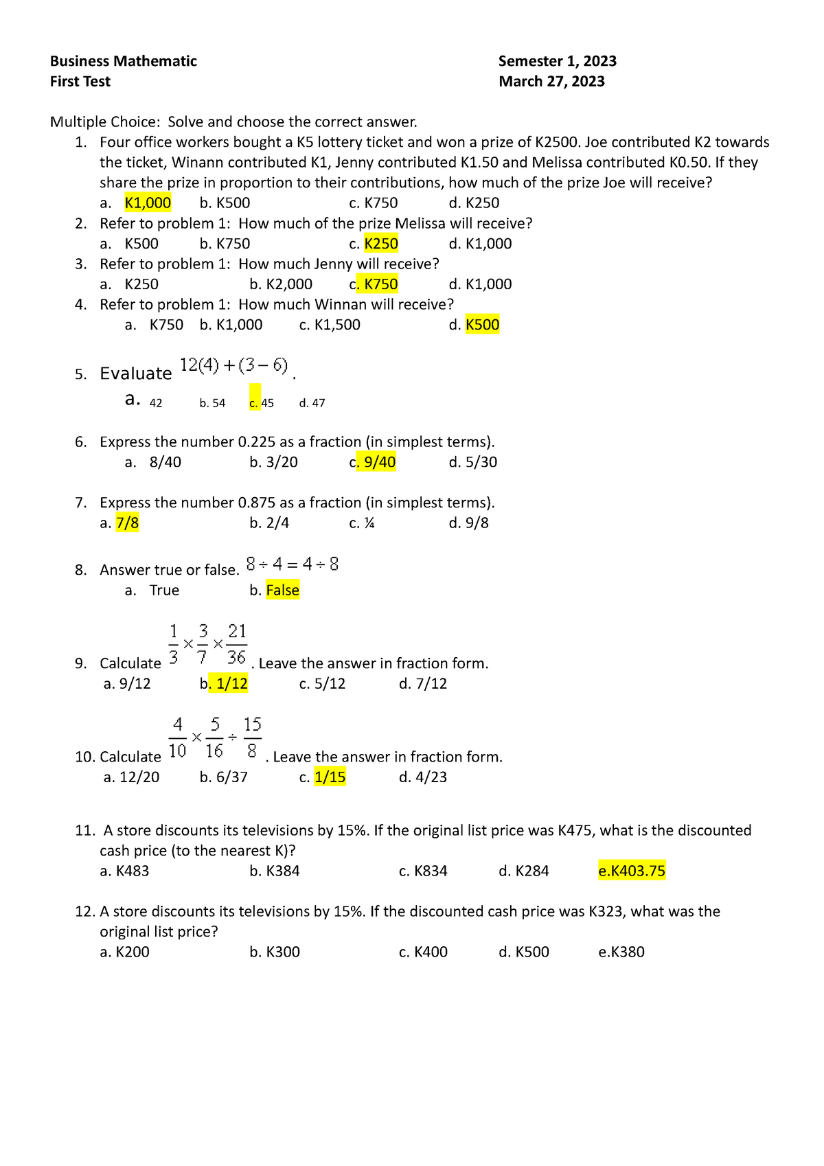 Business Mathematics 1st Test Key - Business Mathematic Semester 1 ...