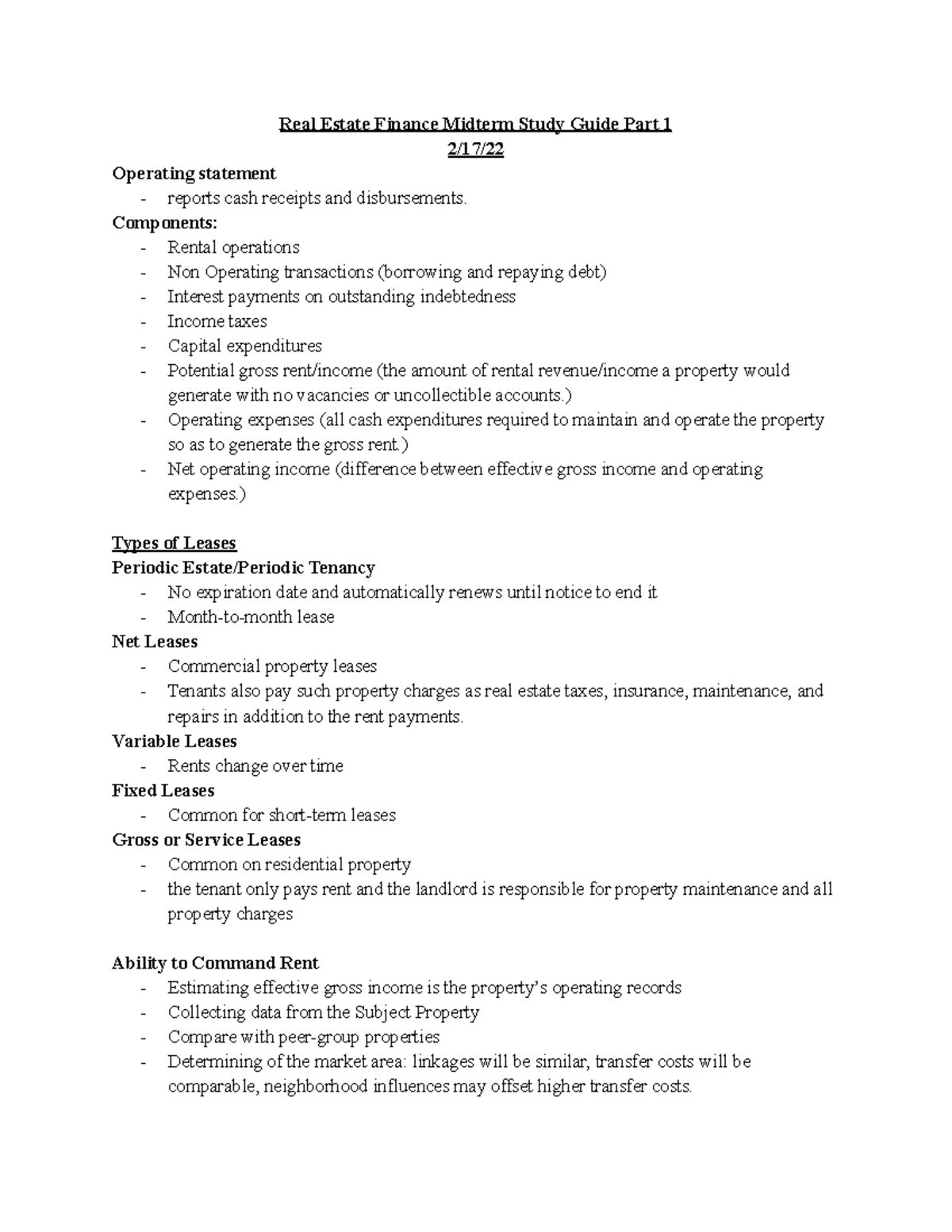 Real Estate Midterm Study Guide part 1 Real Estate Finance Midterm