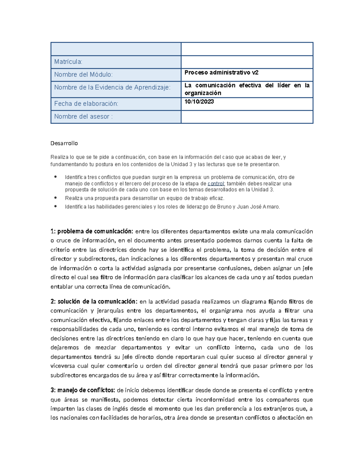 Comunicacion efectiva - Matrícula: Nombre del Módulo: Proceso ...