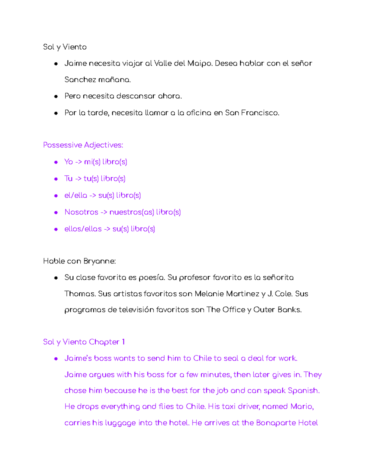 Spn 1121 1 17 Sol y Viento episode one summary, learning possessive