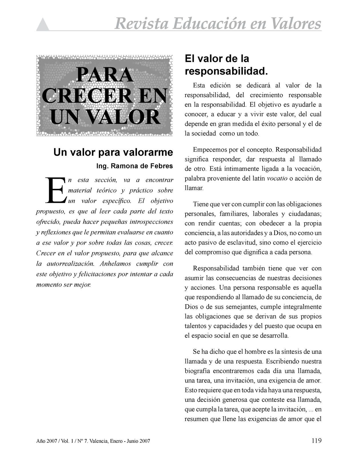 El Valor De La Responsabilidad Entre La Sociedad Año 2007 Vol 1 Nº 7 Valencia Enero 7448