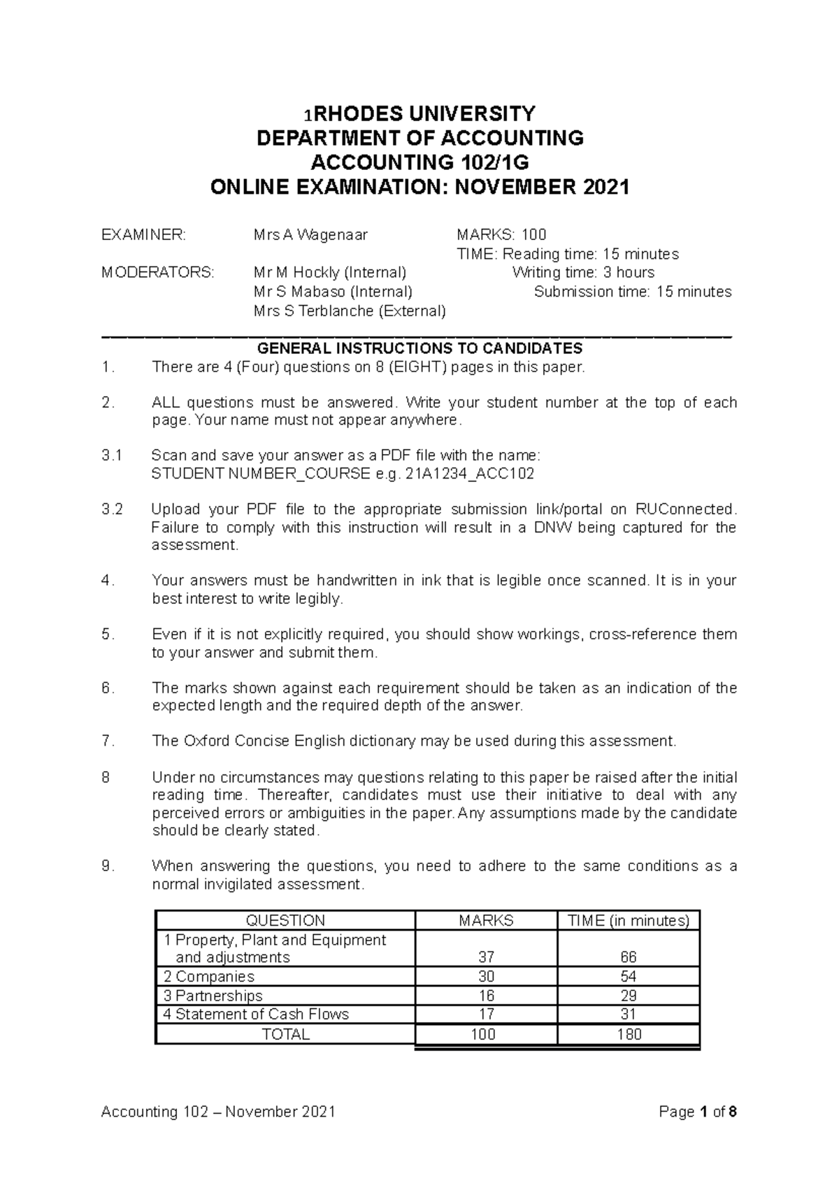 Exam 102 Nov 2021 Question 1 RHODES UNIVERSITY DEPARTMENT OF