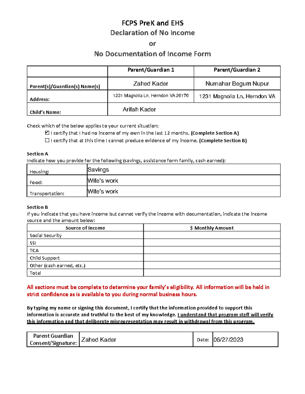 No Income or No Documentation - FCPS PreK and EHS Declaration of No ...