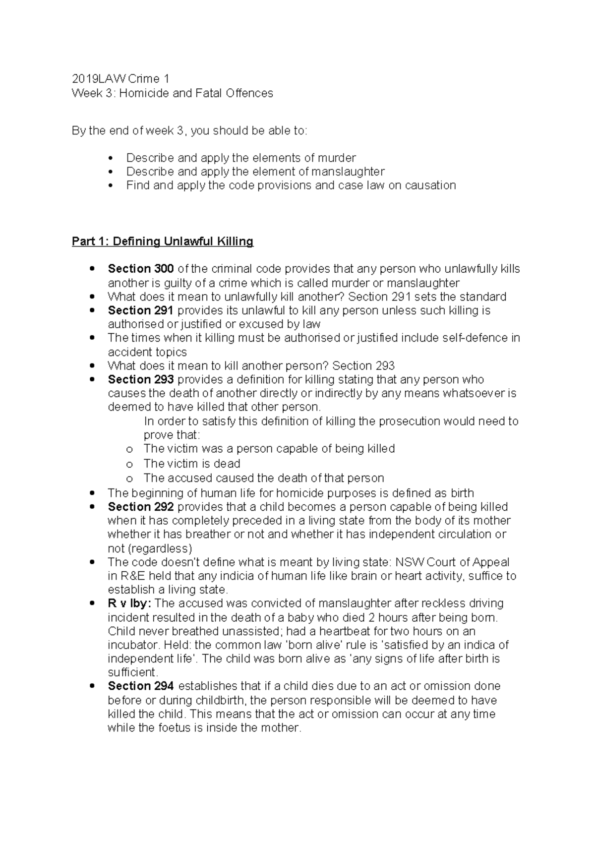 W3 Crime 1 Module Notes - 2019LAW Crime 1 Week 3: Homicide and Fatal ...