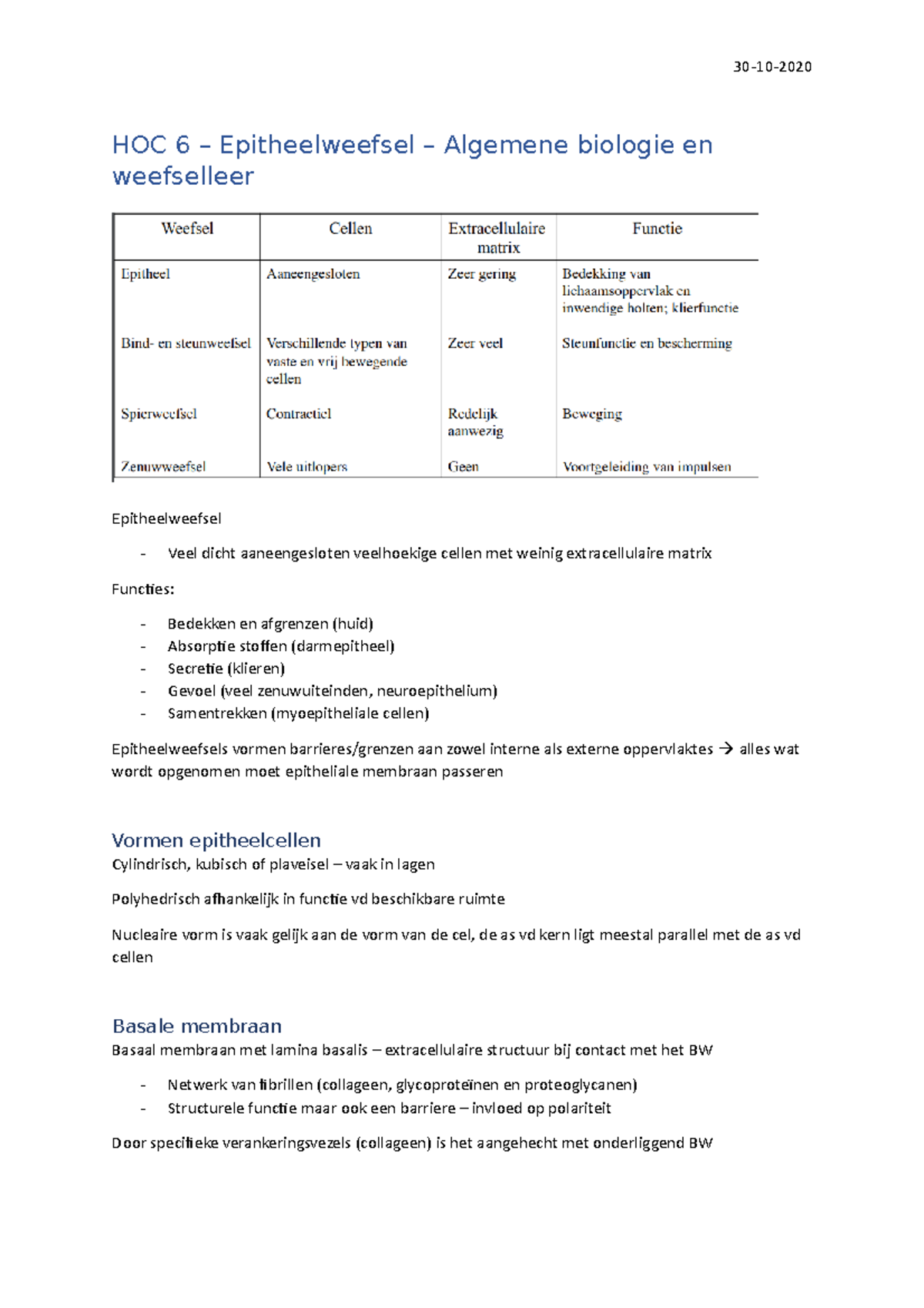 HOC 6 – 30-10-2020 - Epitheelweefsel – Algemene Biologie En Weefselleer ...