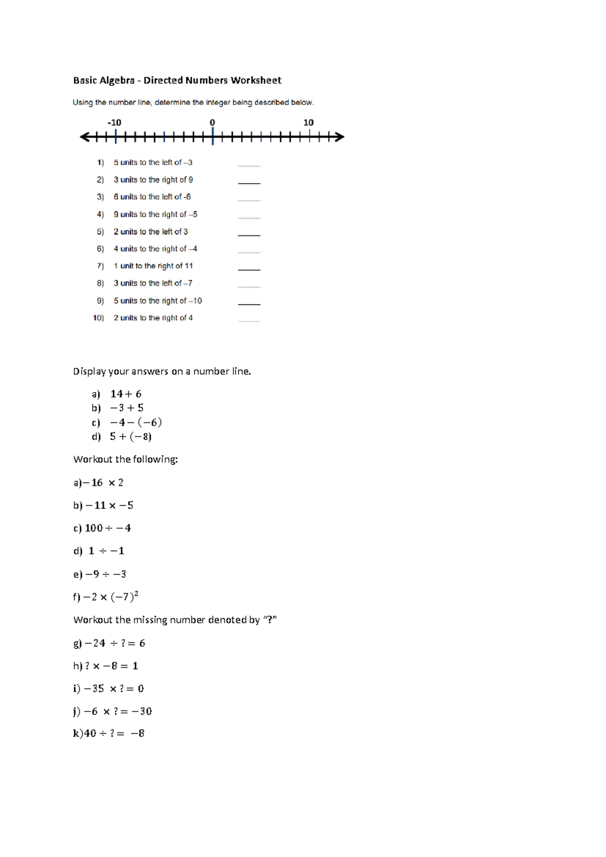 Directed Numbers Worksheet - Introductory Linear Algebra and analytic ...