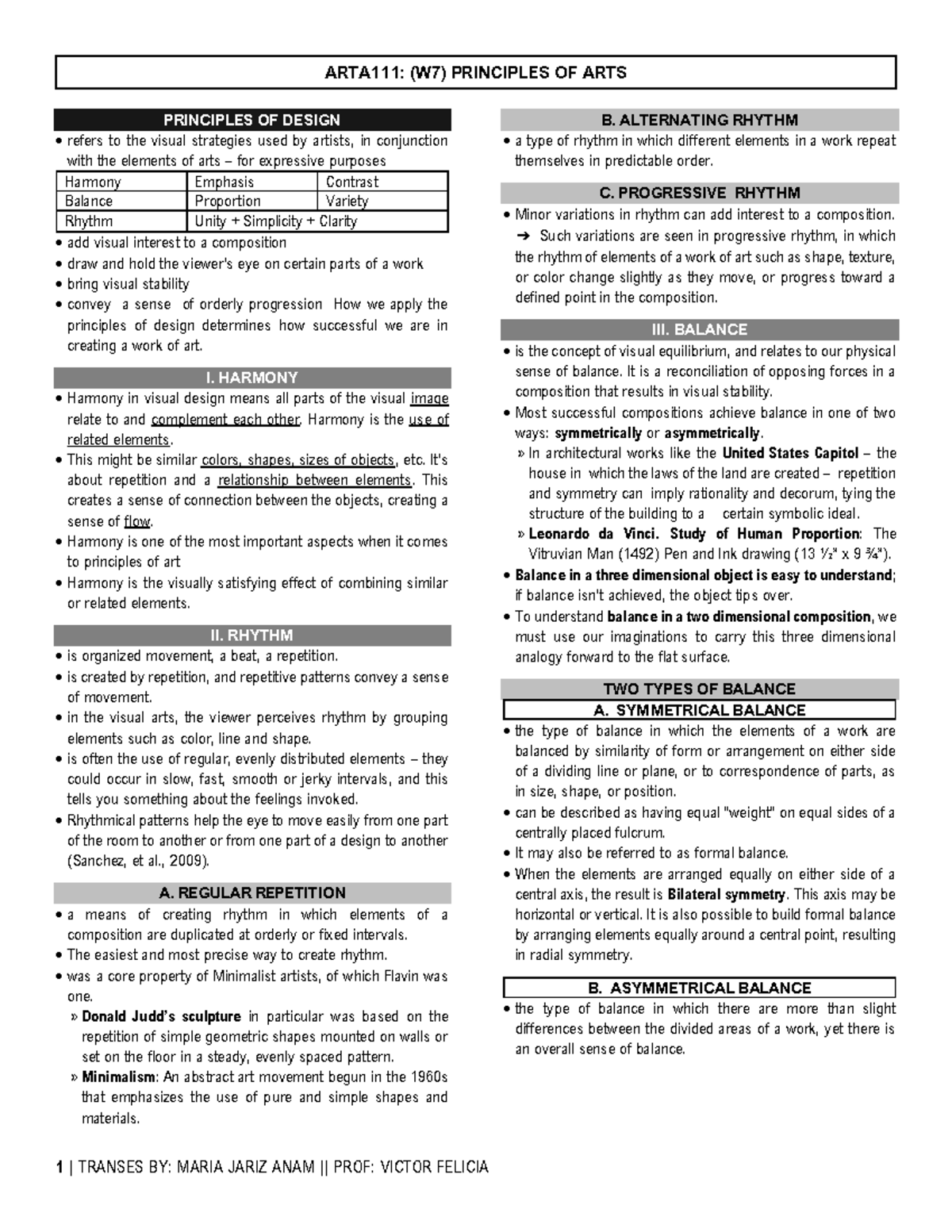 ARTA111 - (W7) Principles OF ARTS - 1 | TRANSES BY: MARIA JARIZ ANAM ...