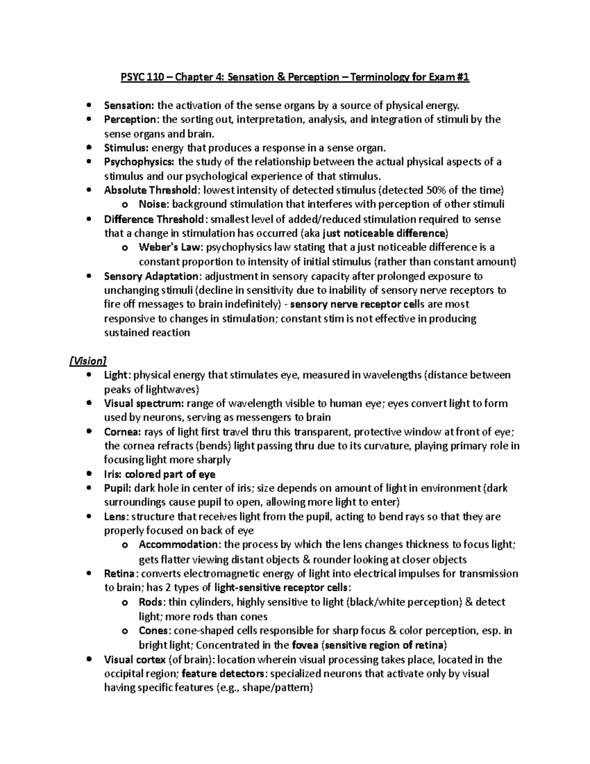 Chapter 4 Vocabulary Terms - PSYC 110 – Chapter 4: Sensation ...