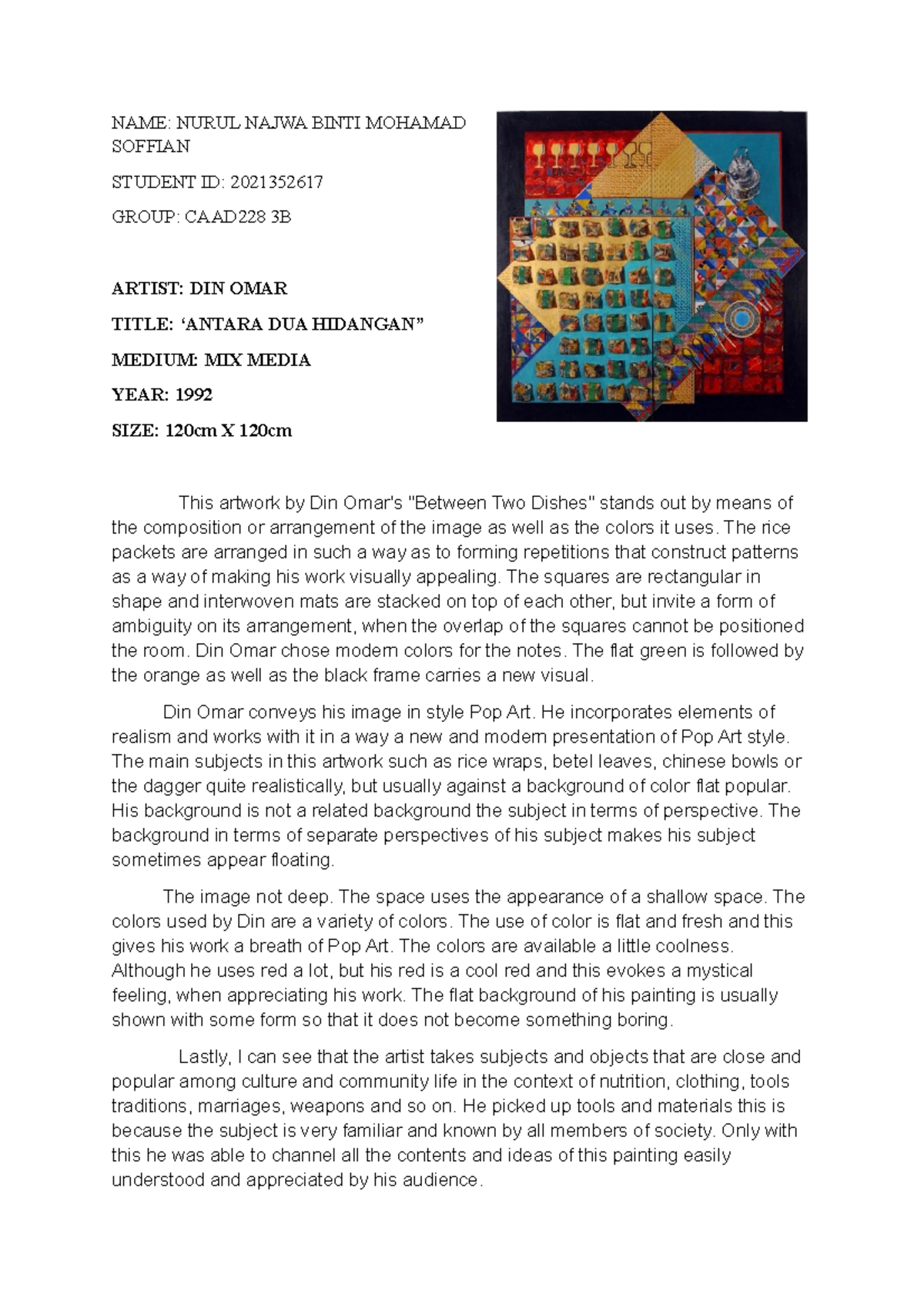 Art And Soul Task 2 Malaysia Artist Artwork Describtion Heritage Studocu