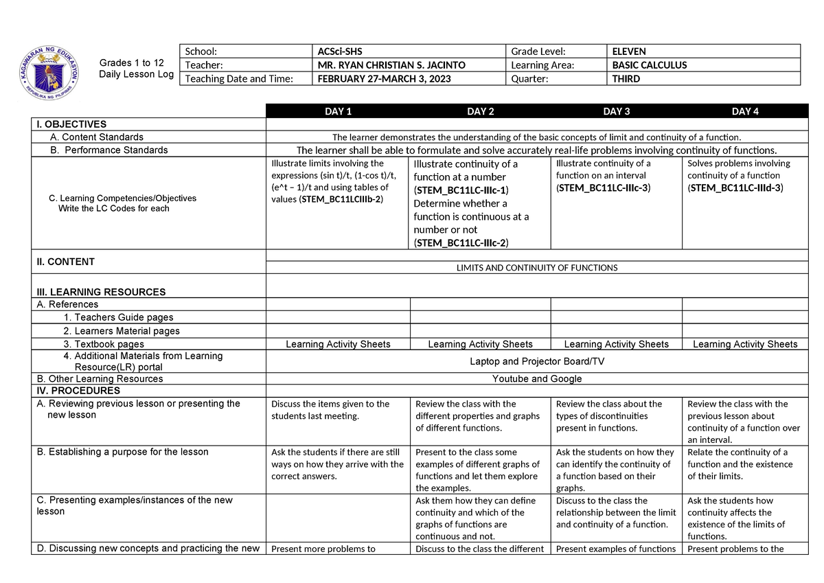 DLL Bascal 3Q 3 Rdweek - DLL - Grades 1 to 12 Daily Lesson Log School ...