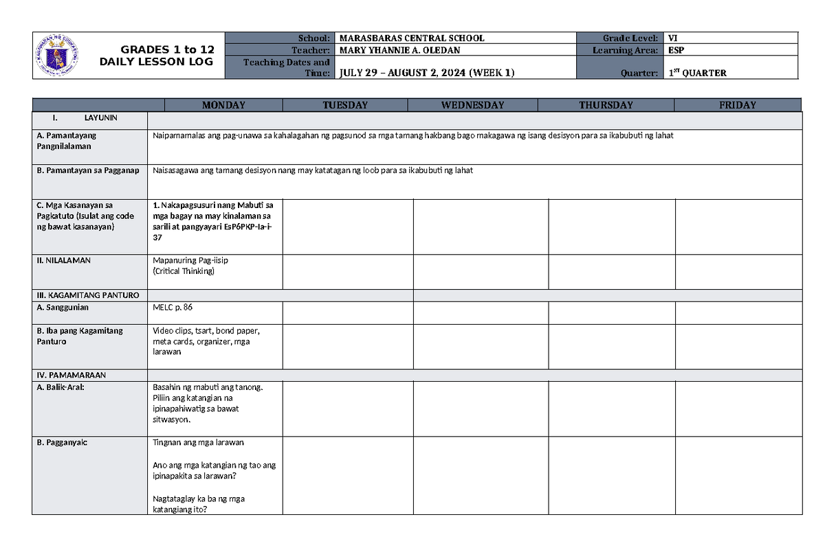 DLL ESP-6 Q1 W1 - Lesson Plan - GRADES 1 to 12 DAILY LESSON LOG School ...