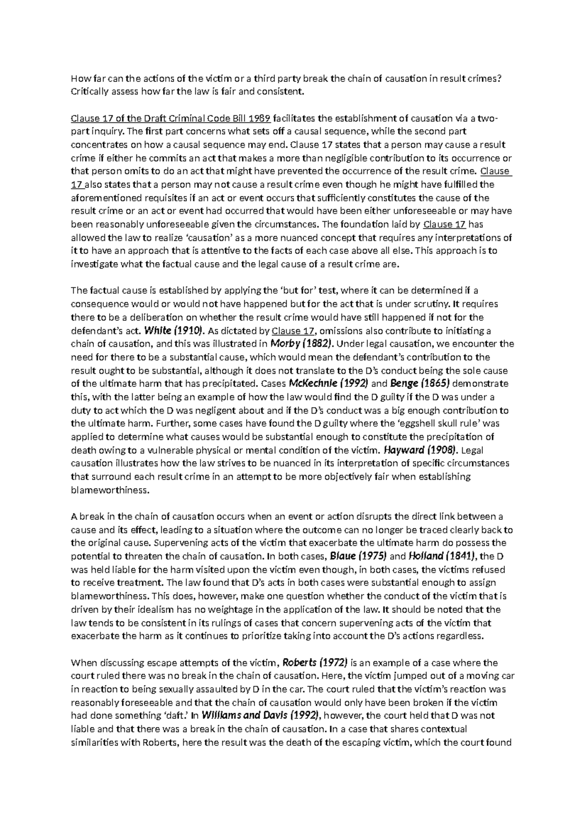 Causation Essay - How far can the actions of the victim or a third ...