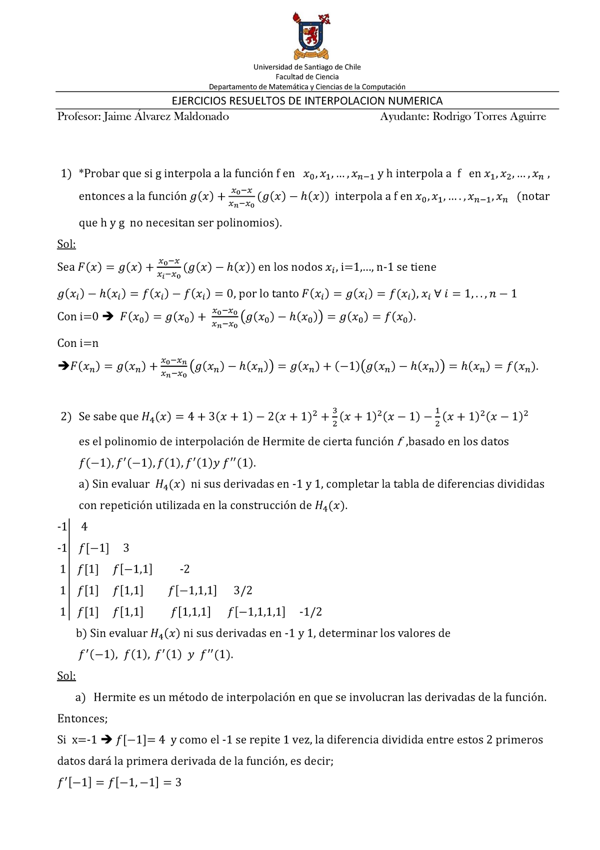 Ejercicios Resueltos De Interpolación Numérica Universidad De Santiago De Chile Facultad De 