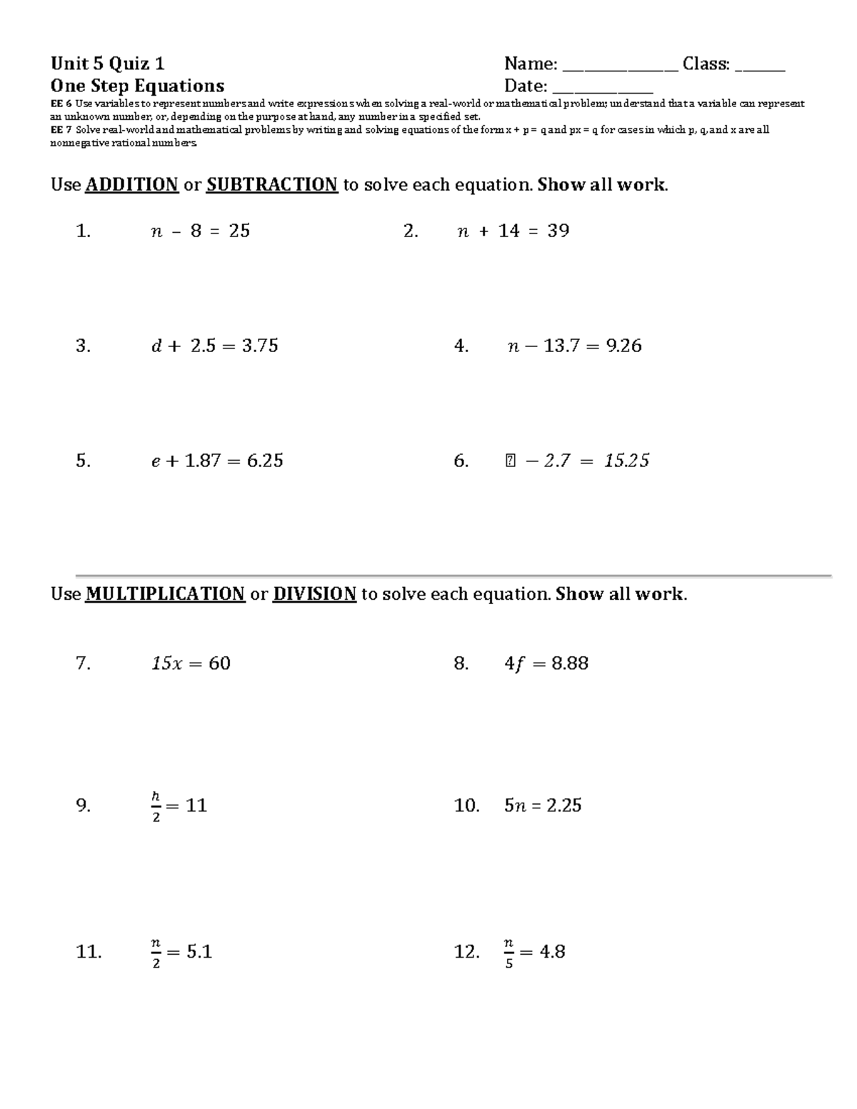 Unit 5 Quiz 1 One Step Equations - Unit 5 Quiz 1 Name ...