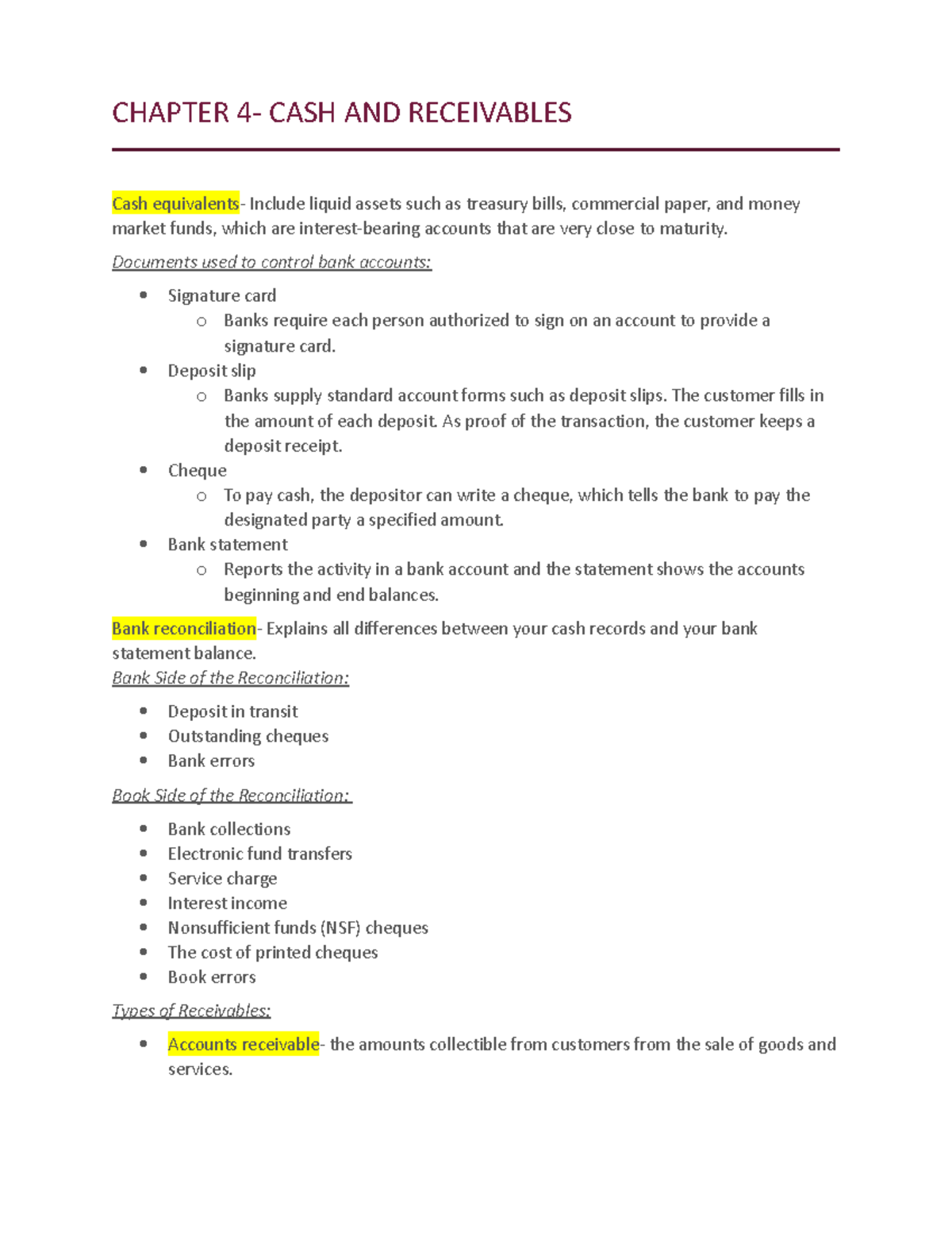 Chapter 4 - notes - CHAPTER 4- CASH AND RECEIVABLES Cash equivalents ...