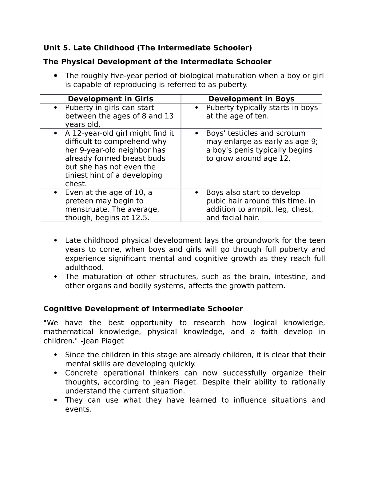 Cognitive development of the intermediate outlet pupil