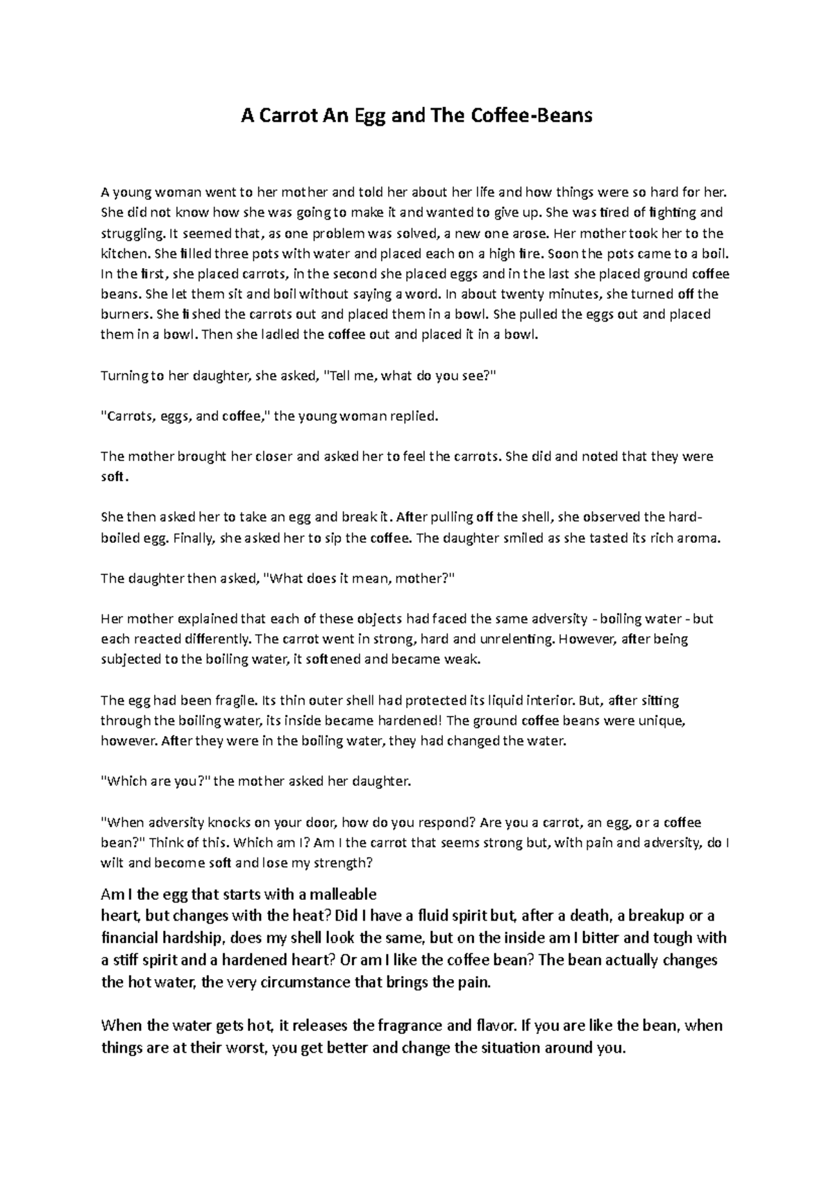 Reading for meaning Lesson of Carrot, egg, and coffee bean A Carrot