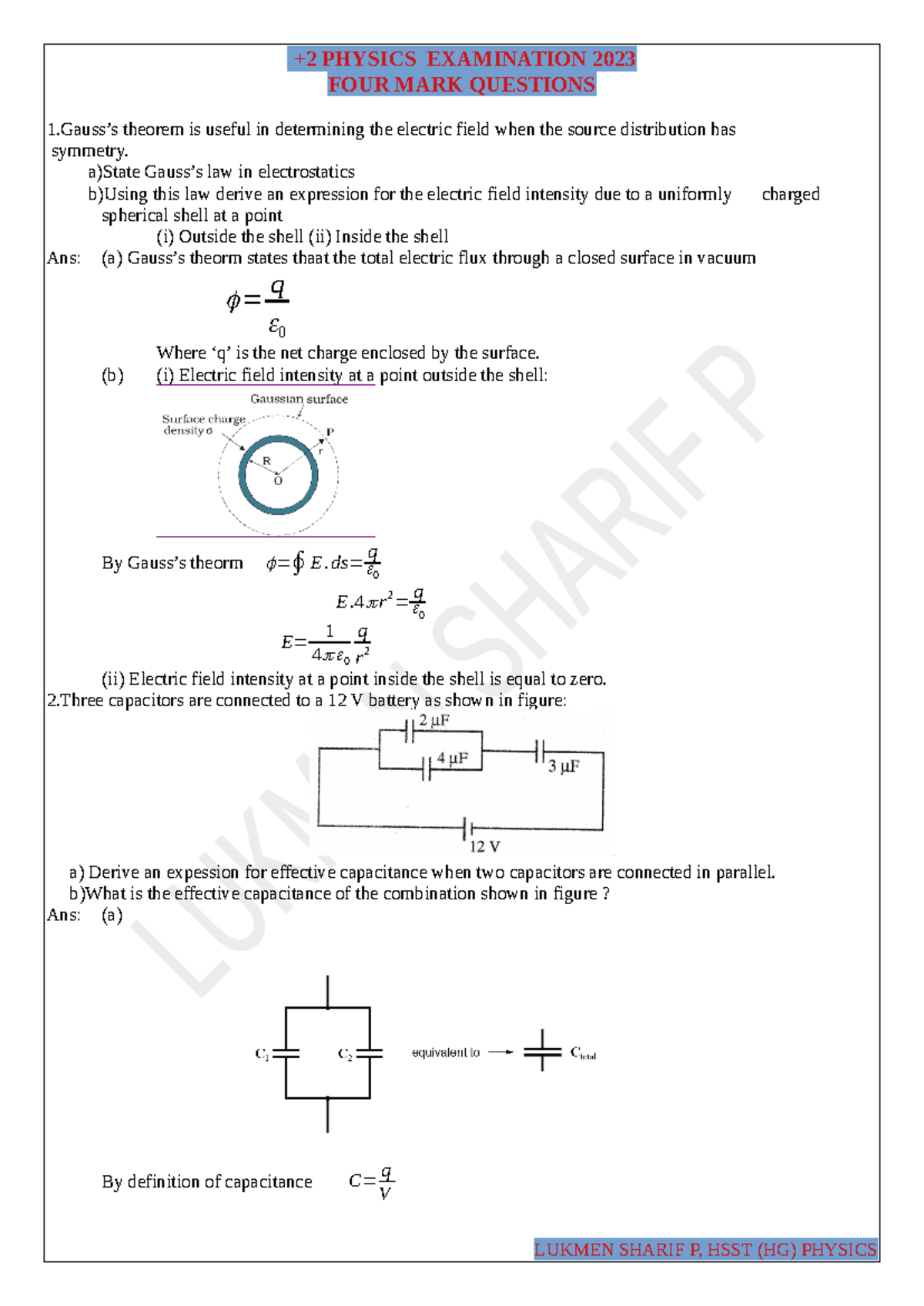 +2 Four mark questions-2023 - FOUR MARK QUESTIONS 1’s theorem is useful ...