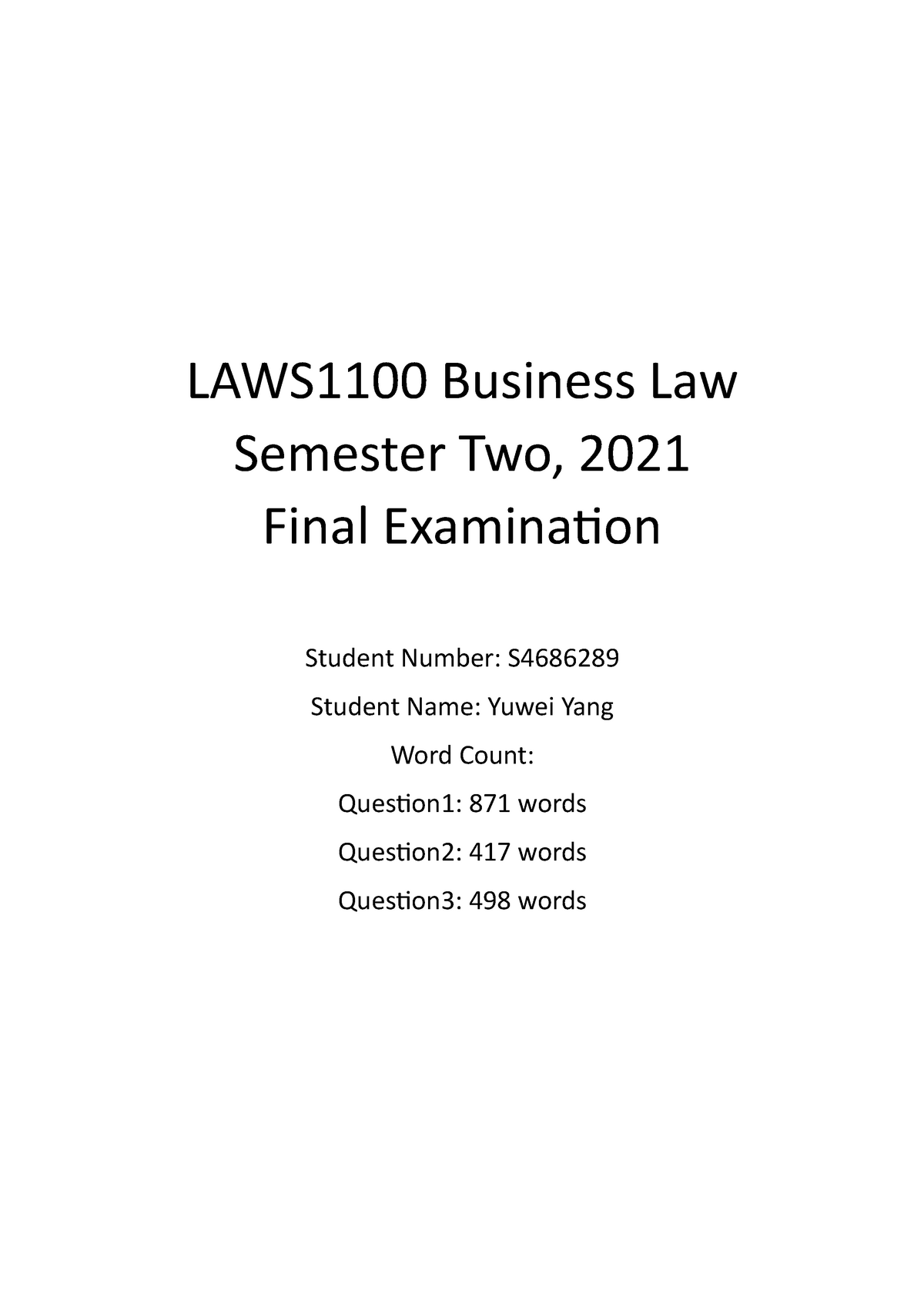 LAWS1100 Business Law Final Exam Paper LAWS1100 UQ Studocu