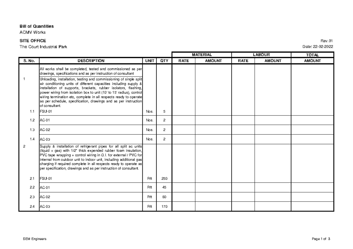 1.1 BOQ of ACMV Works - Bill of Quantities ACMV Works SITE OFFICE Rev ...