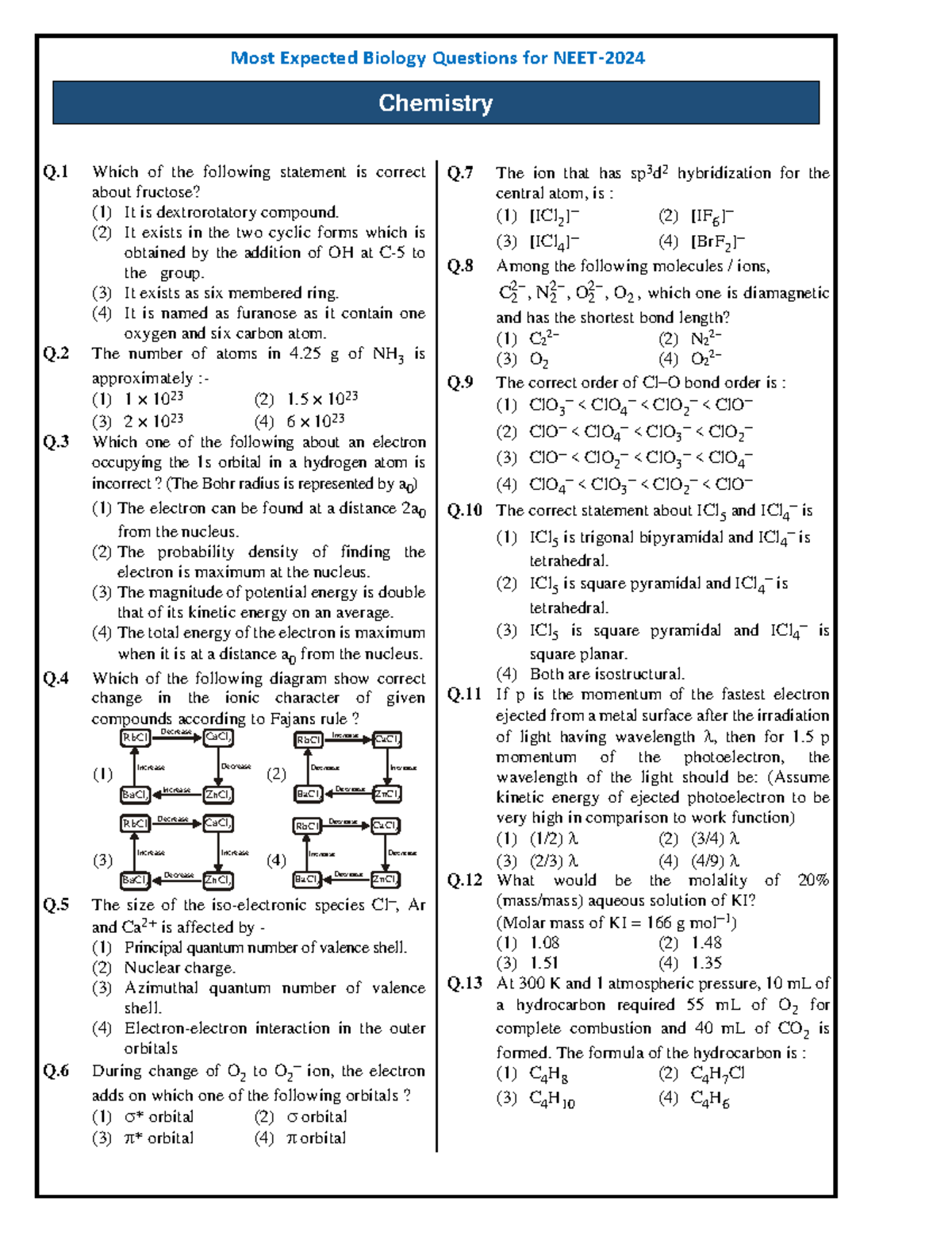 Most excerpted questions NEET 2024 chemistry - Chemistry Q. 1 Which of ...