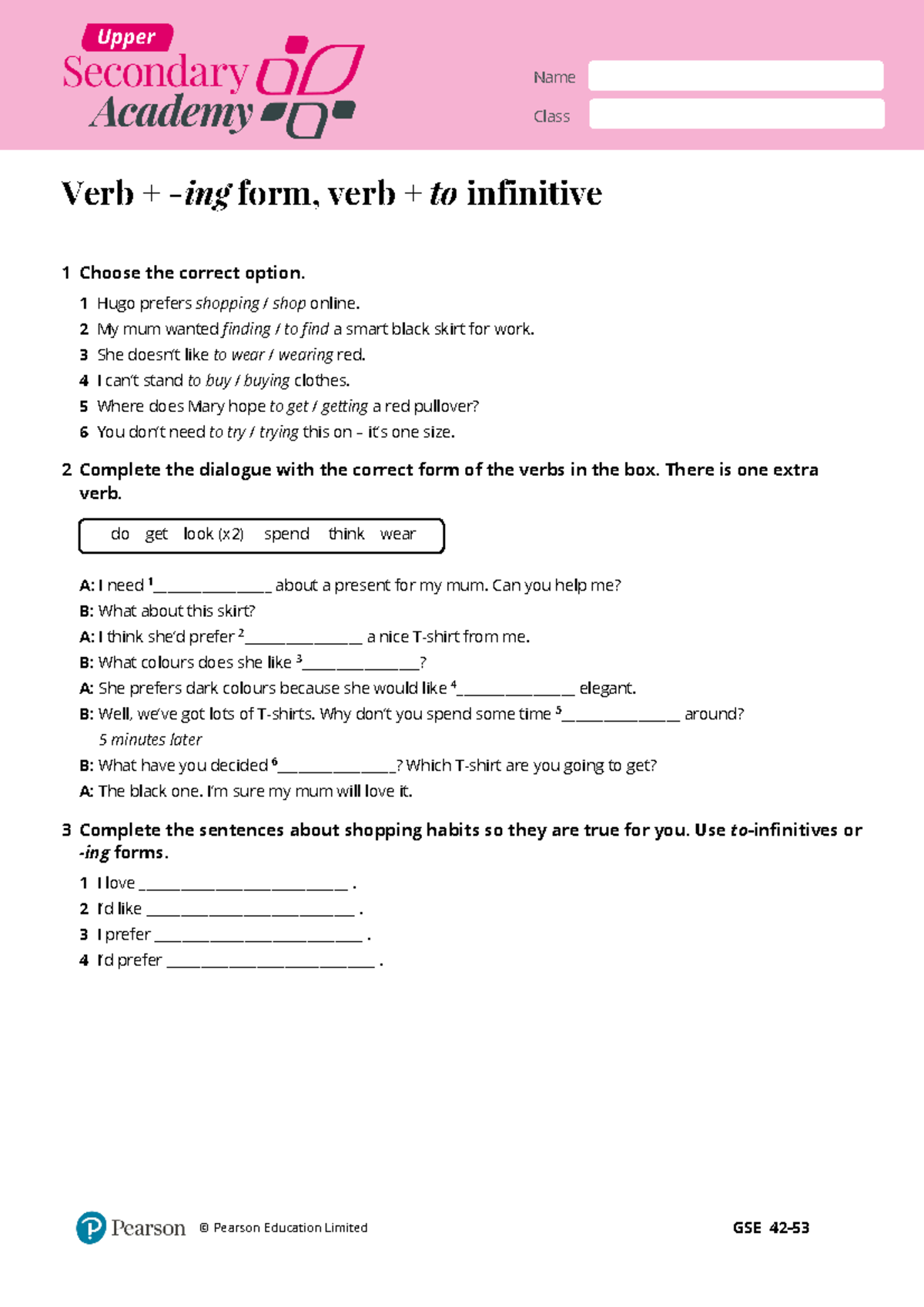 Secondary Academy Verb ing form verb to infinitive Worksheet - Name ...