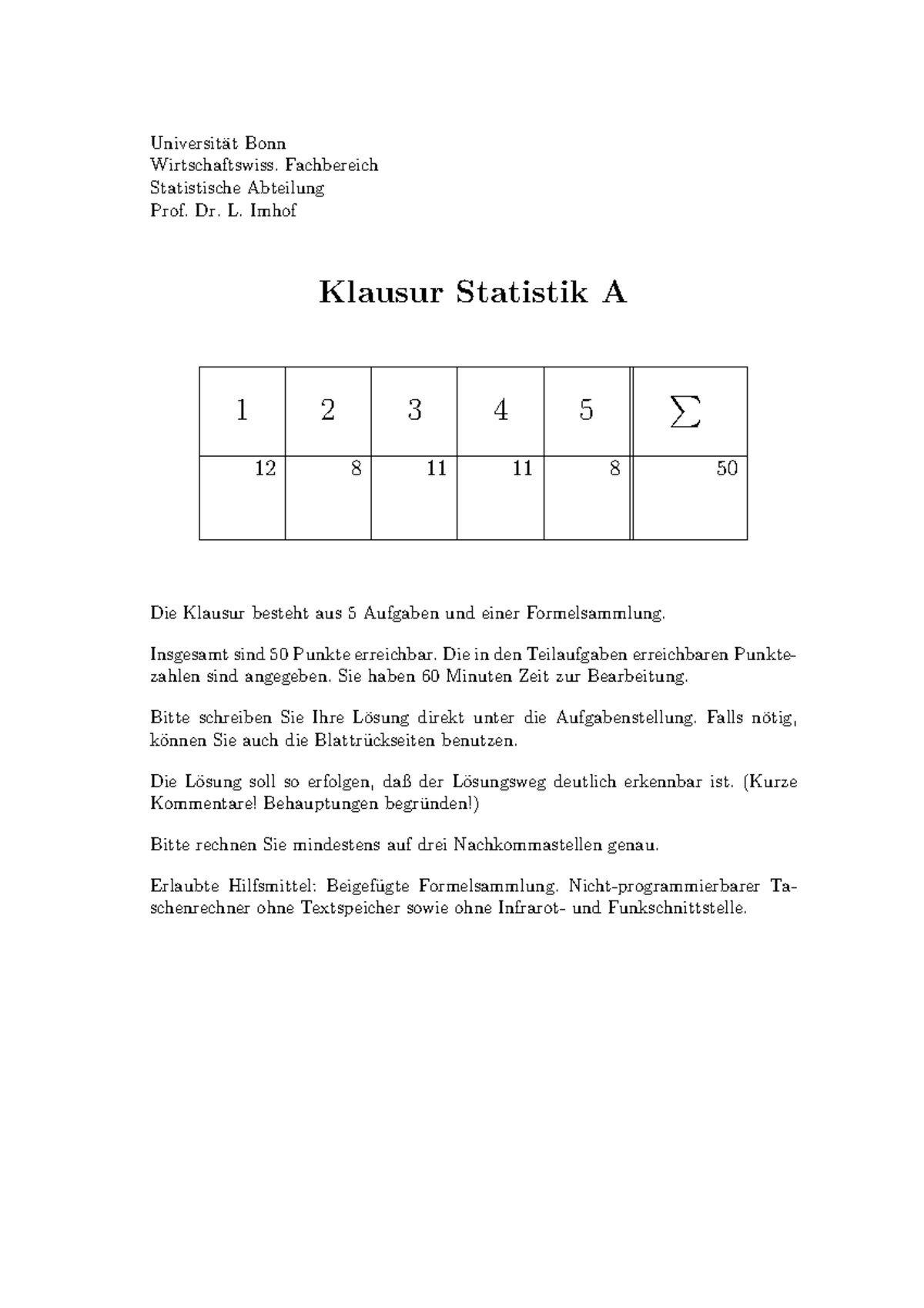 Altklausuren Informatik Uni Bonn Statistik A Wi Se 2020 Imhof Altklausuren - Universit ̈at Bonn