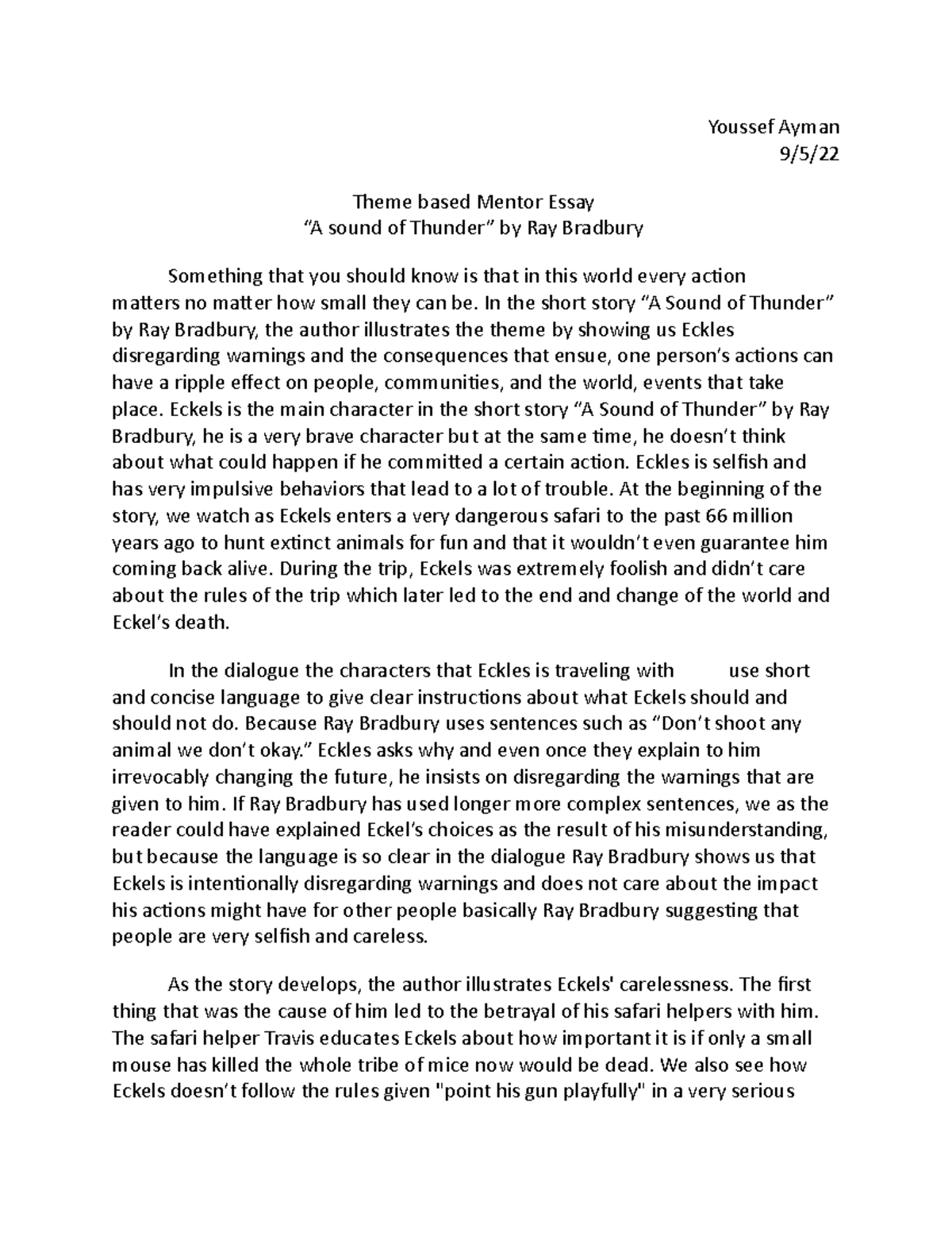 A Sound Of Thunder - Youssef Ayman 9 5  Theme Based Mentor Essay “a 