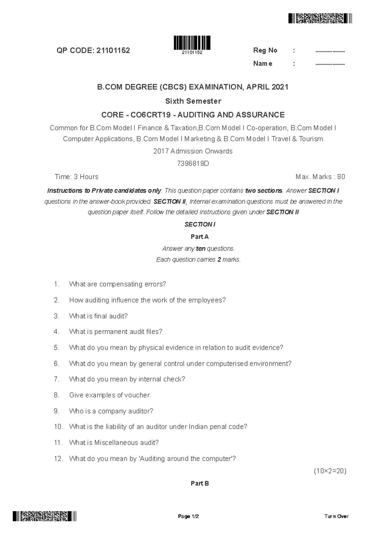 Auditing And Assurance - QP CODE: 21101152 Reg No ...
