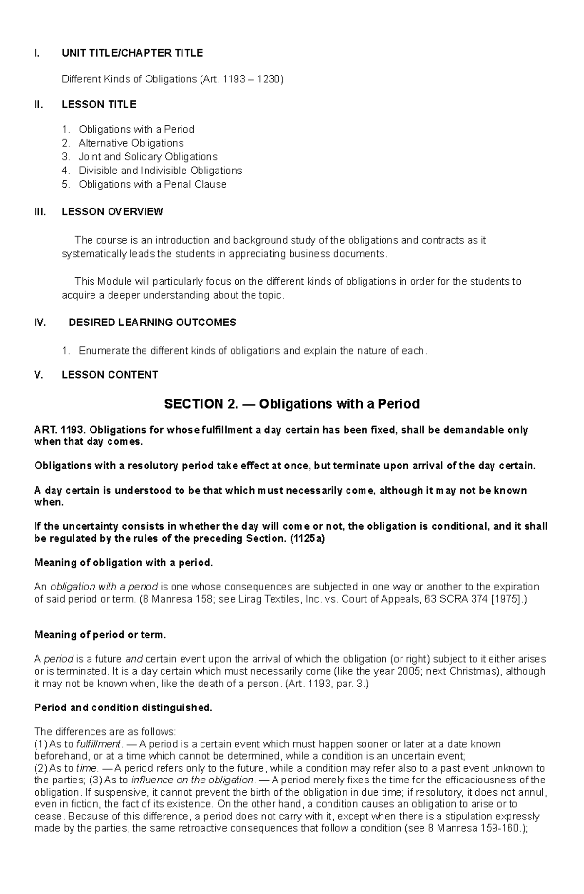 Oblicon - Module 3 - I. UNIT TITLE/CHAPTER TITLE Different Kinds of ...