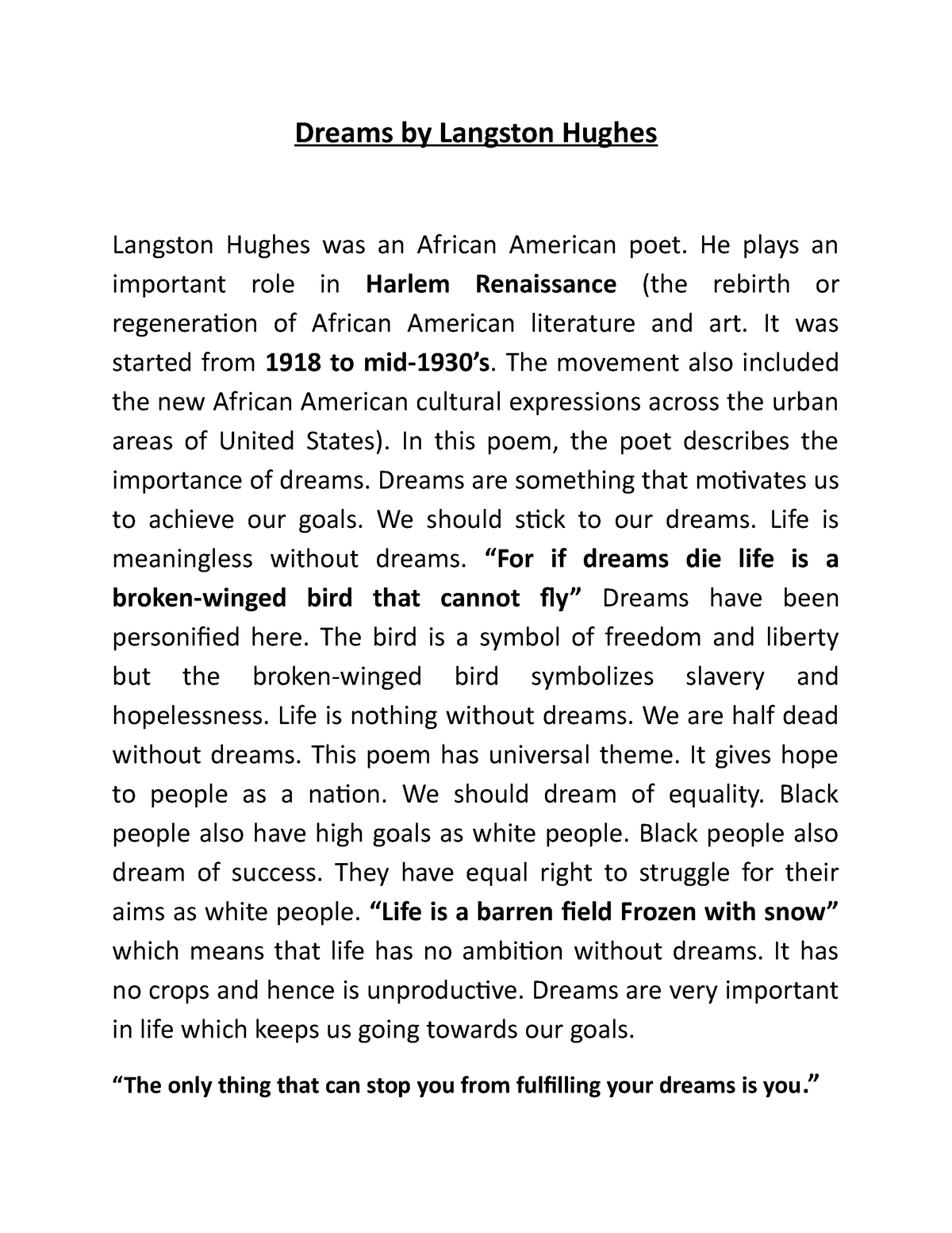 dreams by langston hughes essay