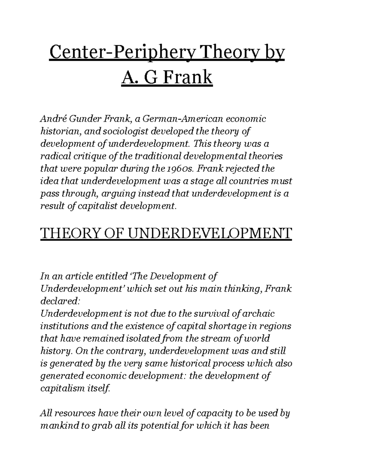 Centreperiphery theory by A G Frank CenterPeriphery Theory by A. G